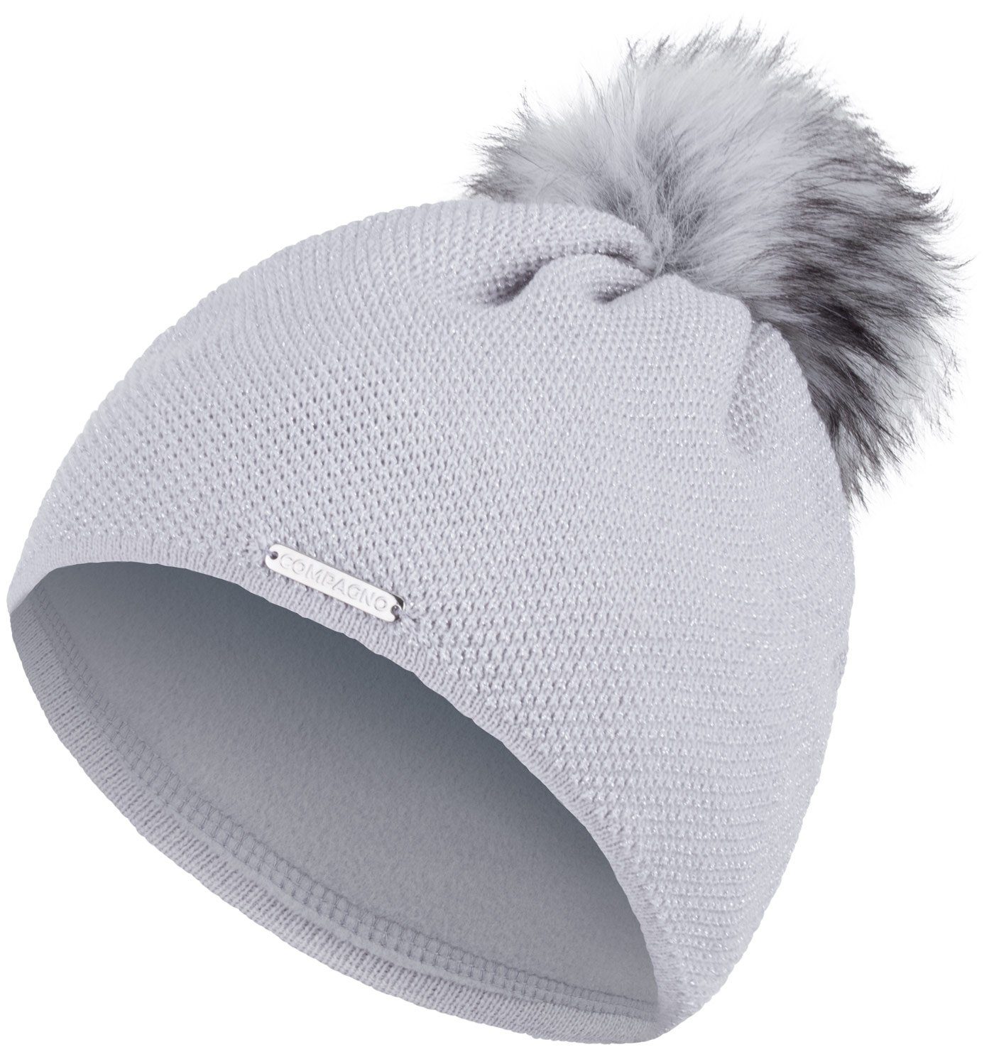 compagno Bommelmütze (1-St) Wintermütze Strickmütze Metallic-Garn Damen Mütze Beanie hellgrau