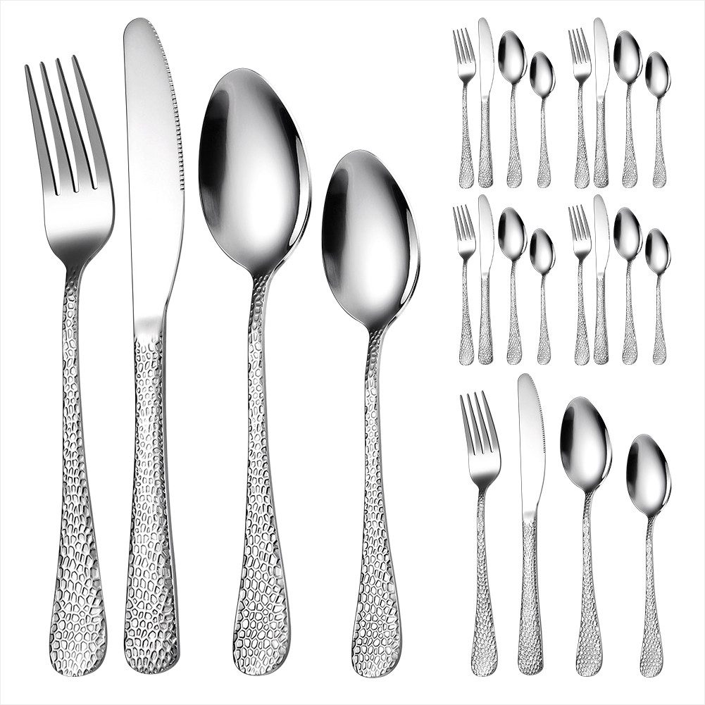 KingLux Besteck-Set 24teilig Besteck Set 6 Personen Hammered glänzend Spülmaschinenfest (24-tlg), 6 Personen, Edestahl