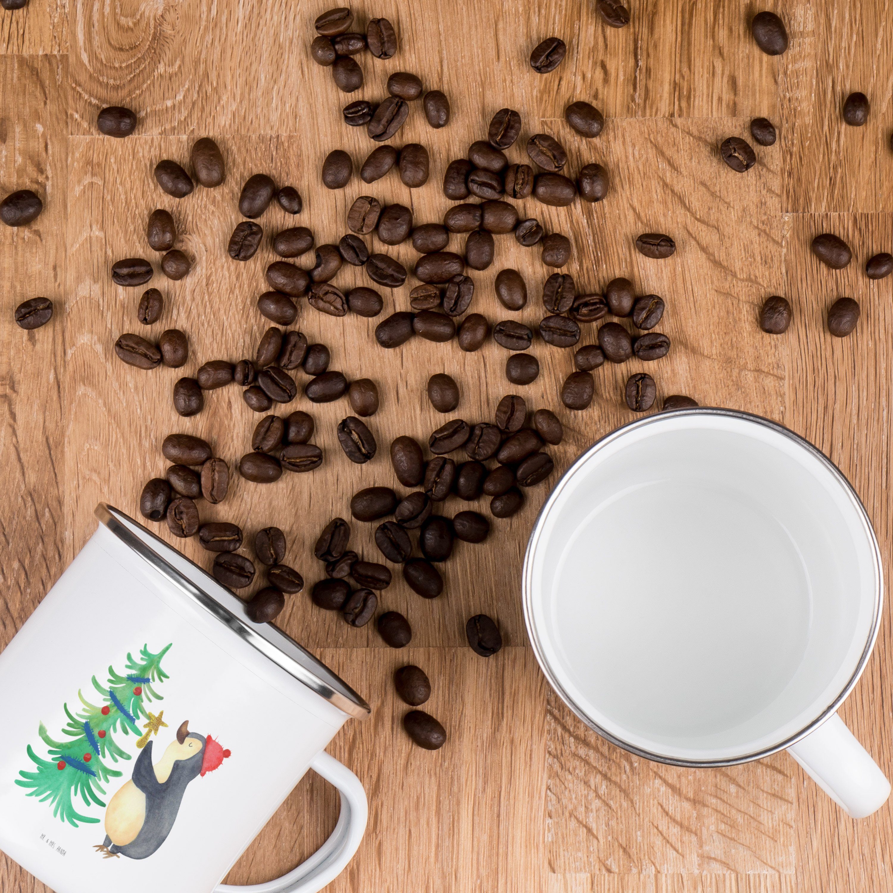 Becher Weiß Emaille Weihnachten, Panda - Mr. Camping & Weihnachtsbaum Mrs. Geschenk, Tasse, - Pinguin