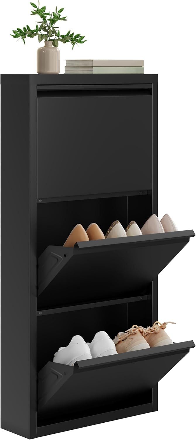 Woltu Schuhschrank mit 3 Klappen, für 9 Paar Schuhe, Schuhregal aus Metall