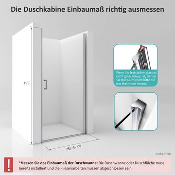 Boromal Dusch-Schwingtür Duschtür 75-90cm in Nische mit Einzelschwingtüren 6mm ESG 195H, 75x195 cm, Links- oder Rechtsmontage frei wählbar