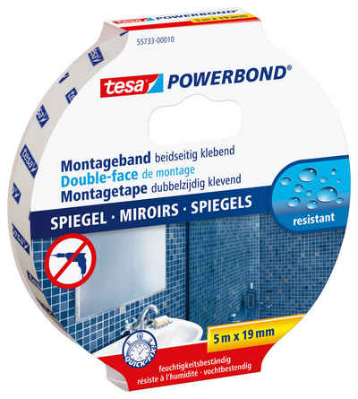 tesa Doppelklebeband POWERBOND Spiegel Doppelseitiges Klebeband (Packung, 1-St) extra starkes Montageband - wasserfest / fürs Bad geeignet
