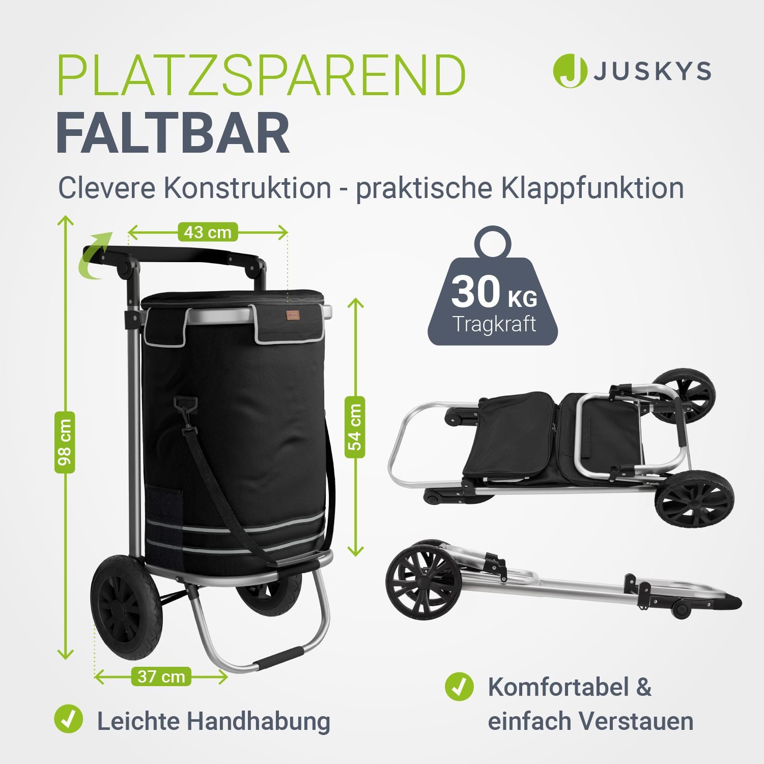 Juskys Einkaufstrolley 3in1, 56 l, mit 2 Rollen und Kühlfach, klappbar und modern, auch als Sackkarre