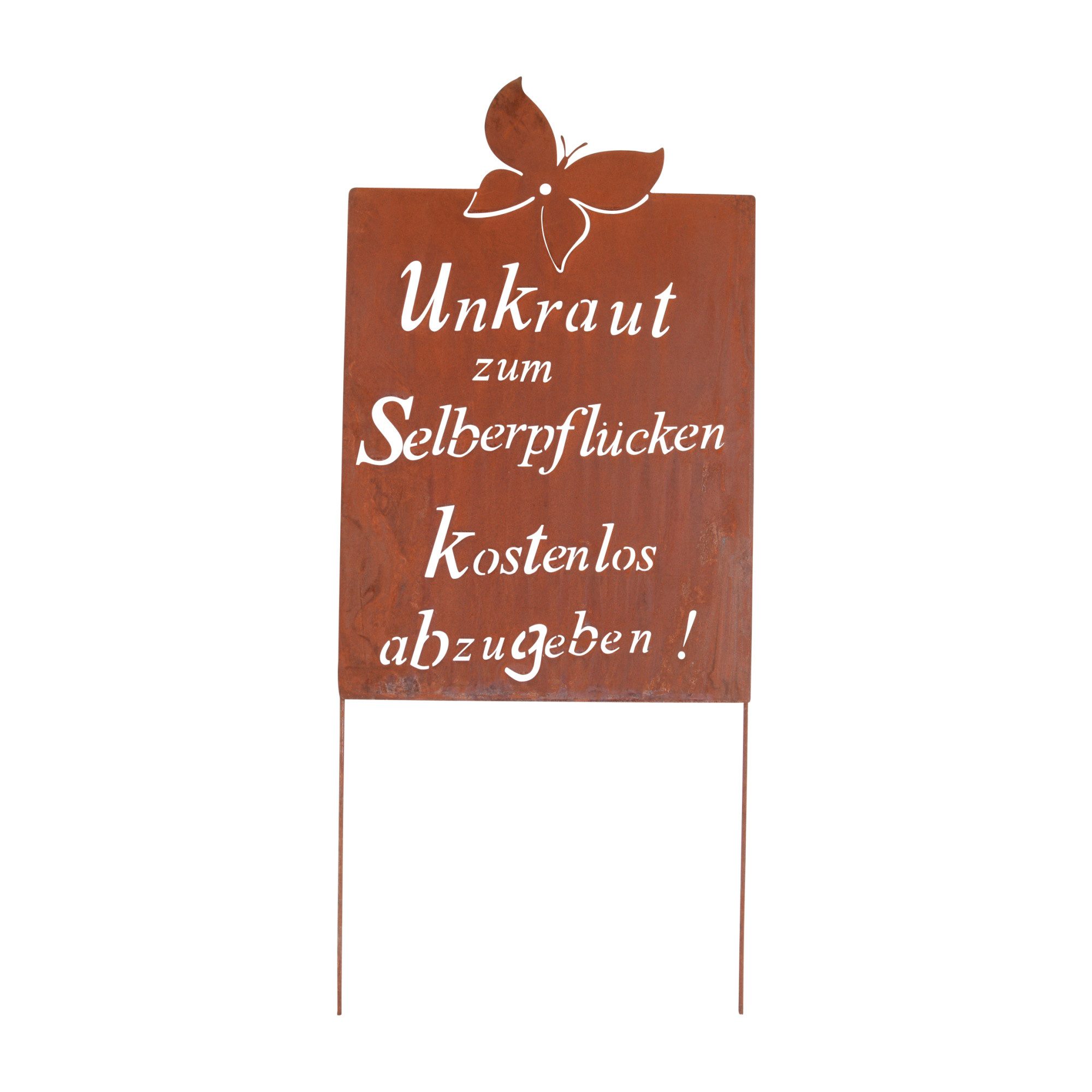 UNUS GARDEN Gartenstecker Roststecker Schild Spruch Unkraut (1-St., 66 x 43,5 cm (HxB) inkl. Streben ca. 99 cm lang) Unkraut zum Selberpflücken kostenlos abzugeben