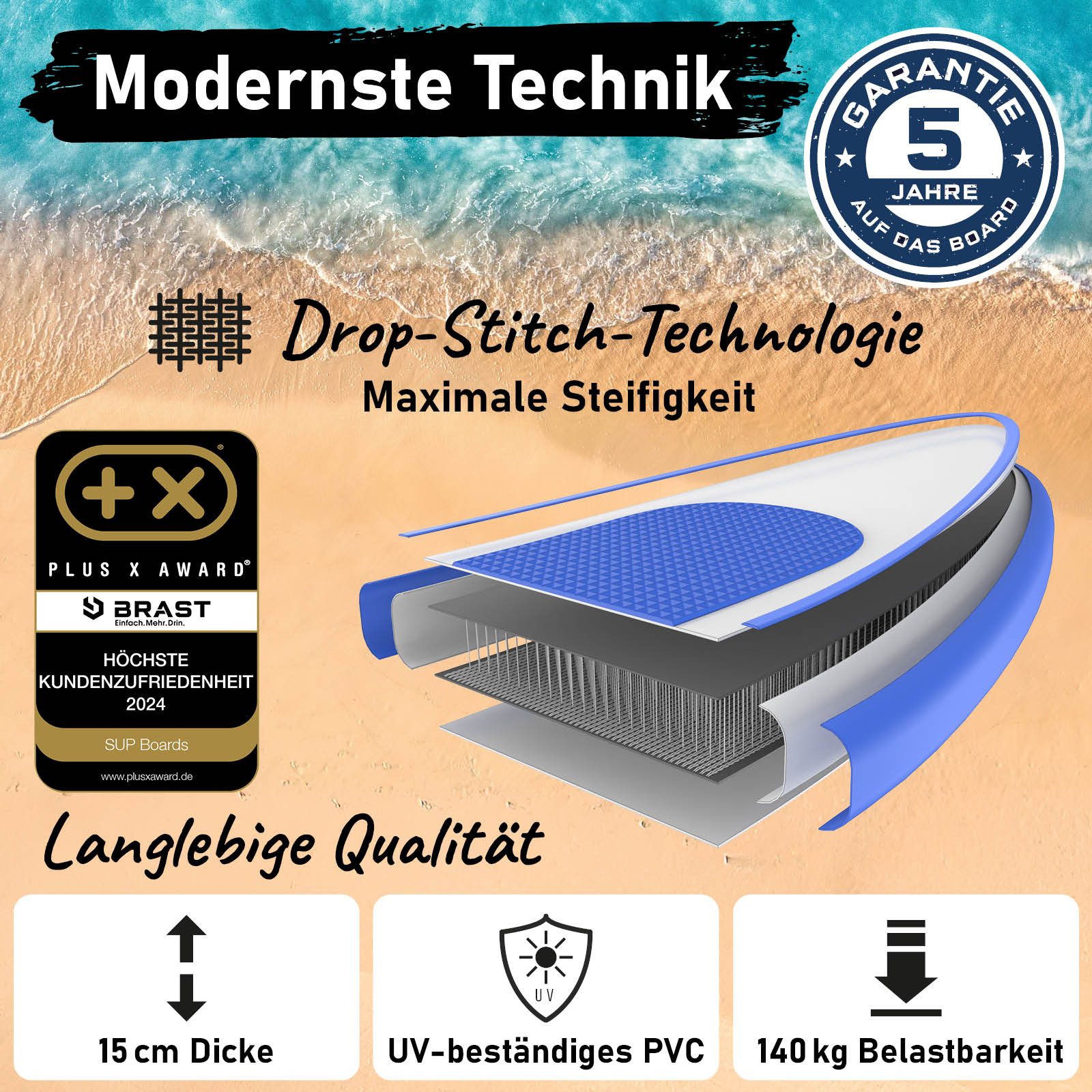 BRAST SUP-Board mit LEDs Aufblasbares Stand up Paddling Set - 320x81x15cm, 5 Jahre Garantie inkl. Sonderzubehör, (2in1 Paddel Kajak-Sitz Action-Cam-Halterung, Beleuchtung mit 10 Farben), Fußschlaufe Paddel Pumpe Rucksack