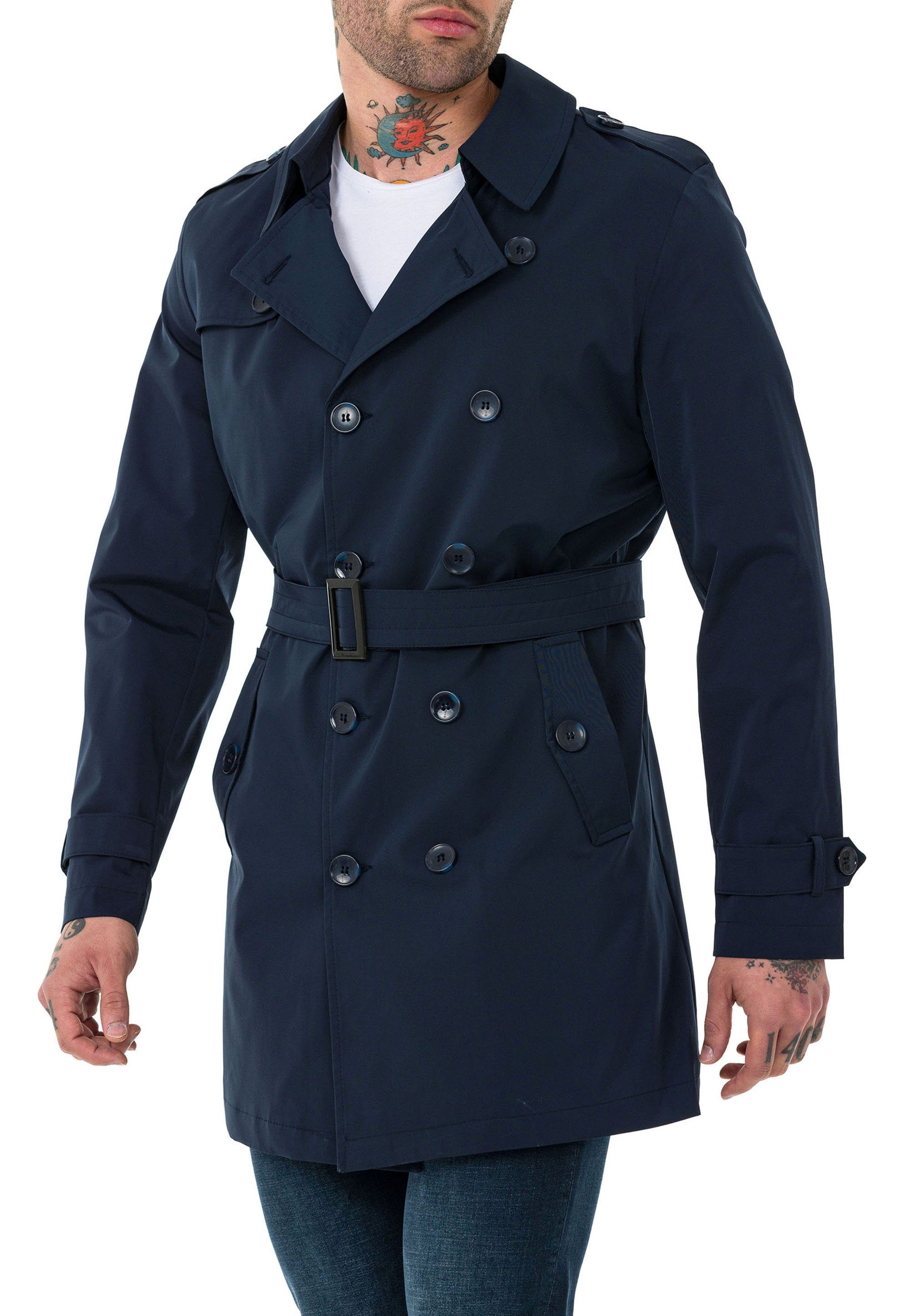 RedBridge Trenchcoat Mantel mit Gürtelschnalle Premium Qualität Navy Blau