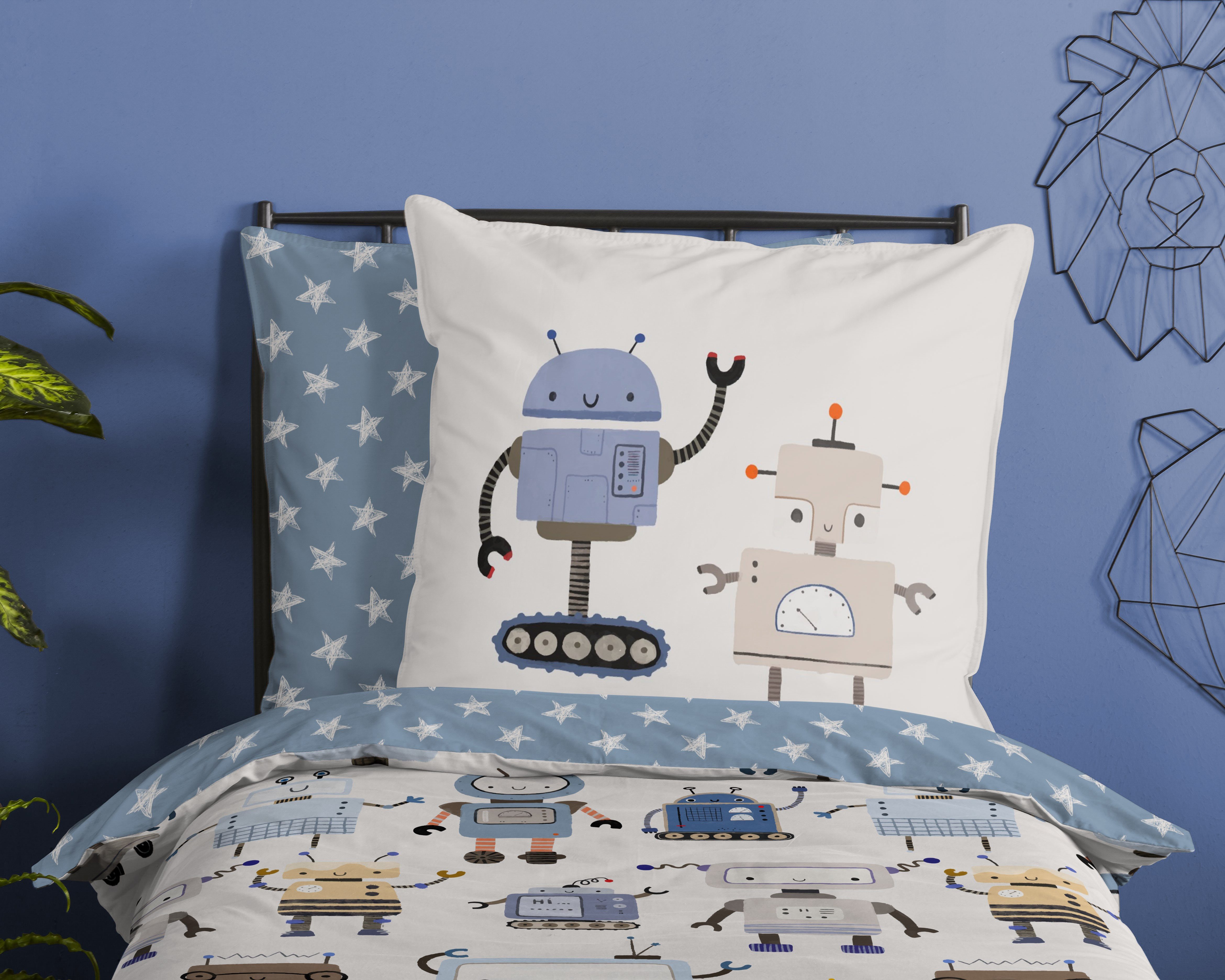 good morning Kinderbettwäsche Robo, Renforcé, 2 teilig, Baumwolle, Reißverschluss, Wendeoptik, Baby, Junge, Roboter, Weiß blau – Bild 3 von 4