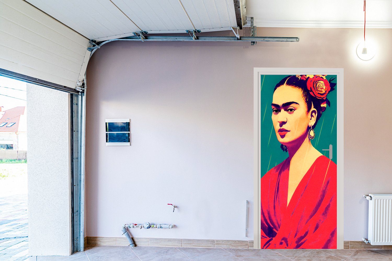 (1 Frida Matt, Kahlo Rot, 75x205 - für bedruckt, Fototapete Tür, Porträt Türtapete Türaufkleber, Frau cm St), - - Vintage MuchoWow -