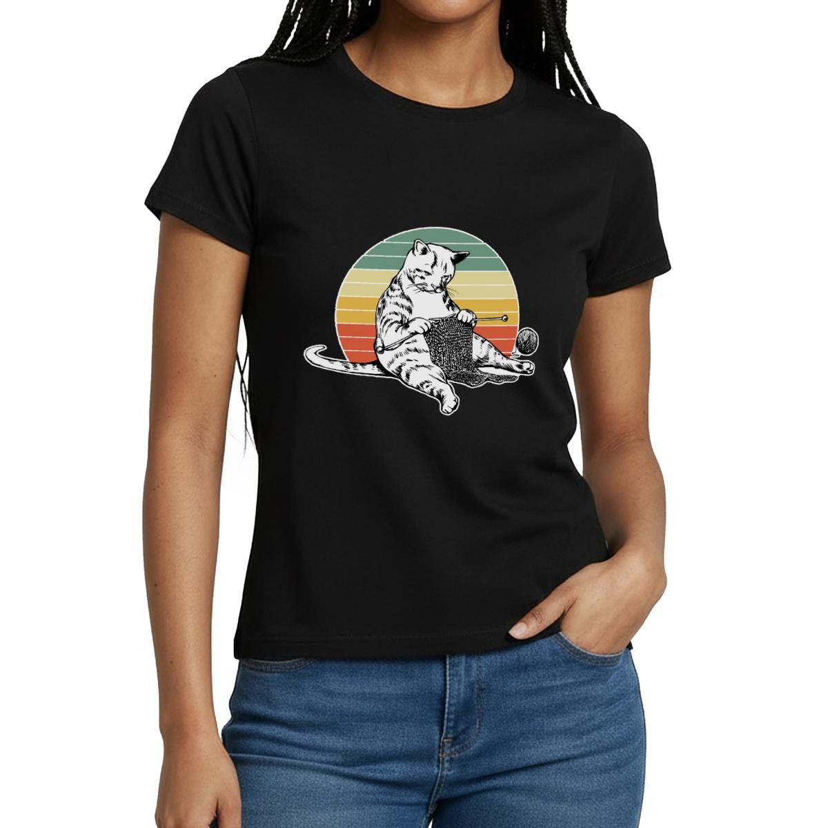 T-Shirt Strickende Katze, Retro Katze Mit Wolle Frauen T-Shirt