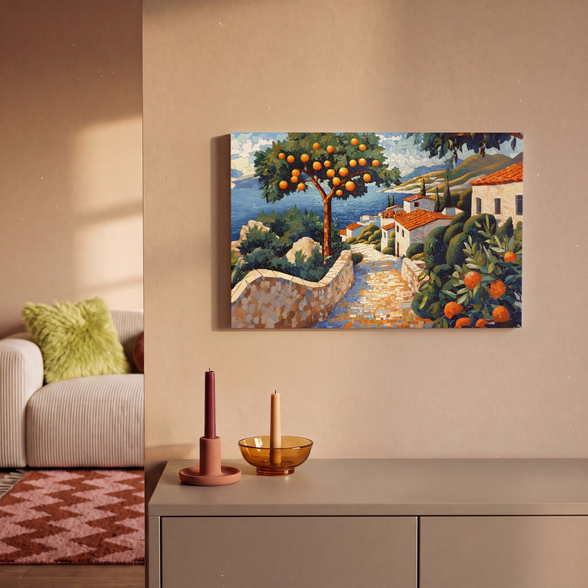 OneMillionCanvasses® Leinwandbild Häuser - Mosaik - Orangenbäume - Meer, Fotodruck (1 St), Leinwand Bilder Klein, Wand Dekoration Aesthetic 30x20 cm – Bild 2 von 5