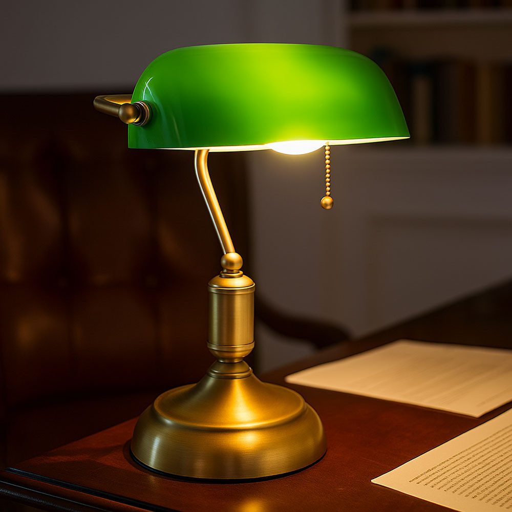 GLOBO LIGHTING LED Wandleuchte, Leuchtmittel inklusive, Warmweiß, Bankerleuchte Tischlampe Schreibtischlampe messing grün Zugkette LED