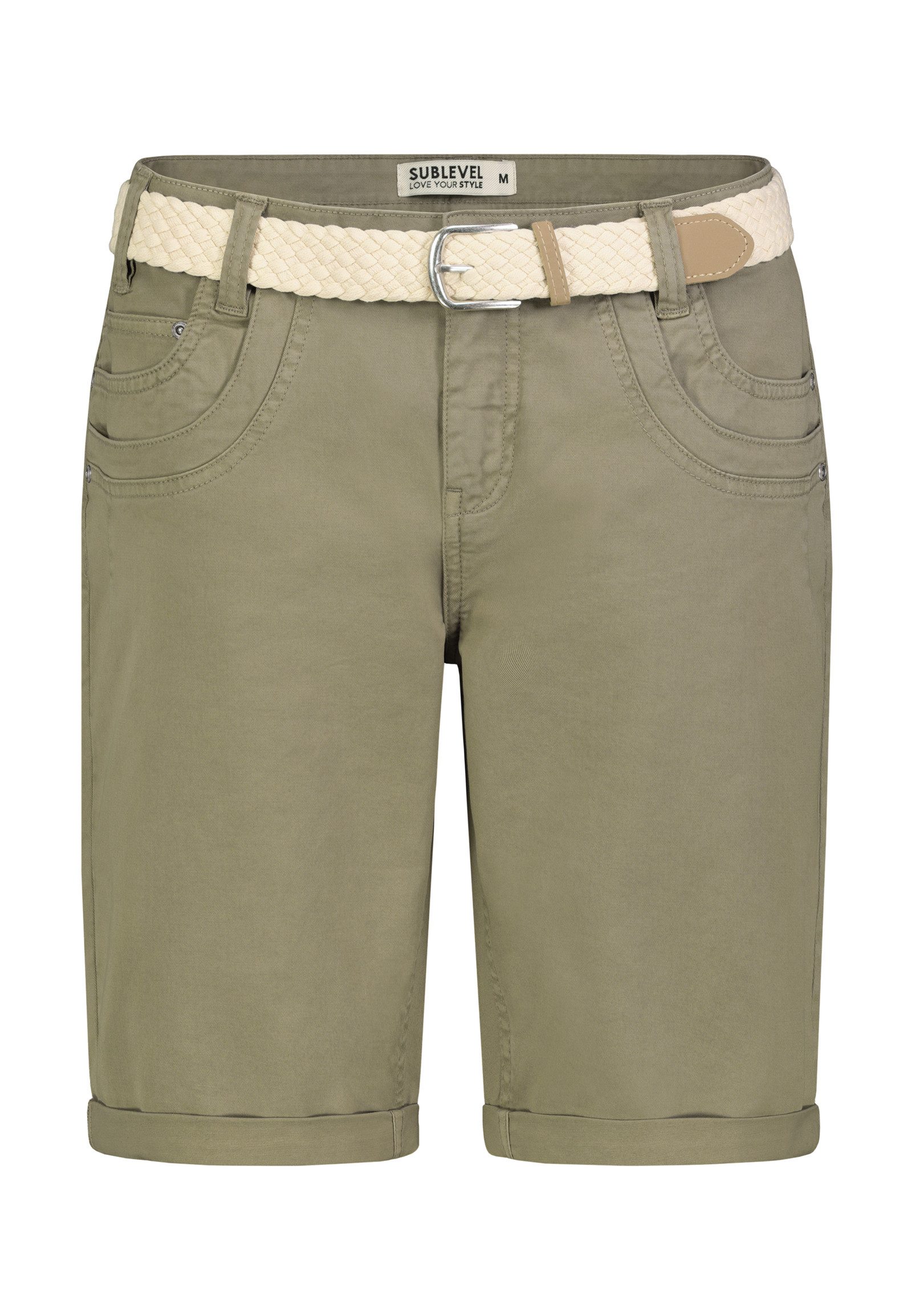 SUBLEVEL Bermudas Damen Sommer Stoffhose kurz mit buntem Flechtgürte Sommerhose, kurze Chinohose, Shorts mit Gürtel