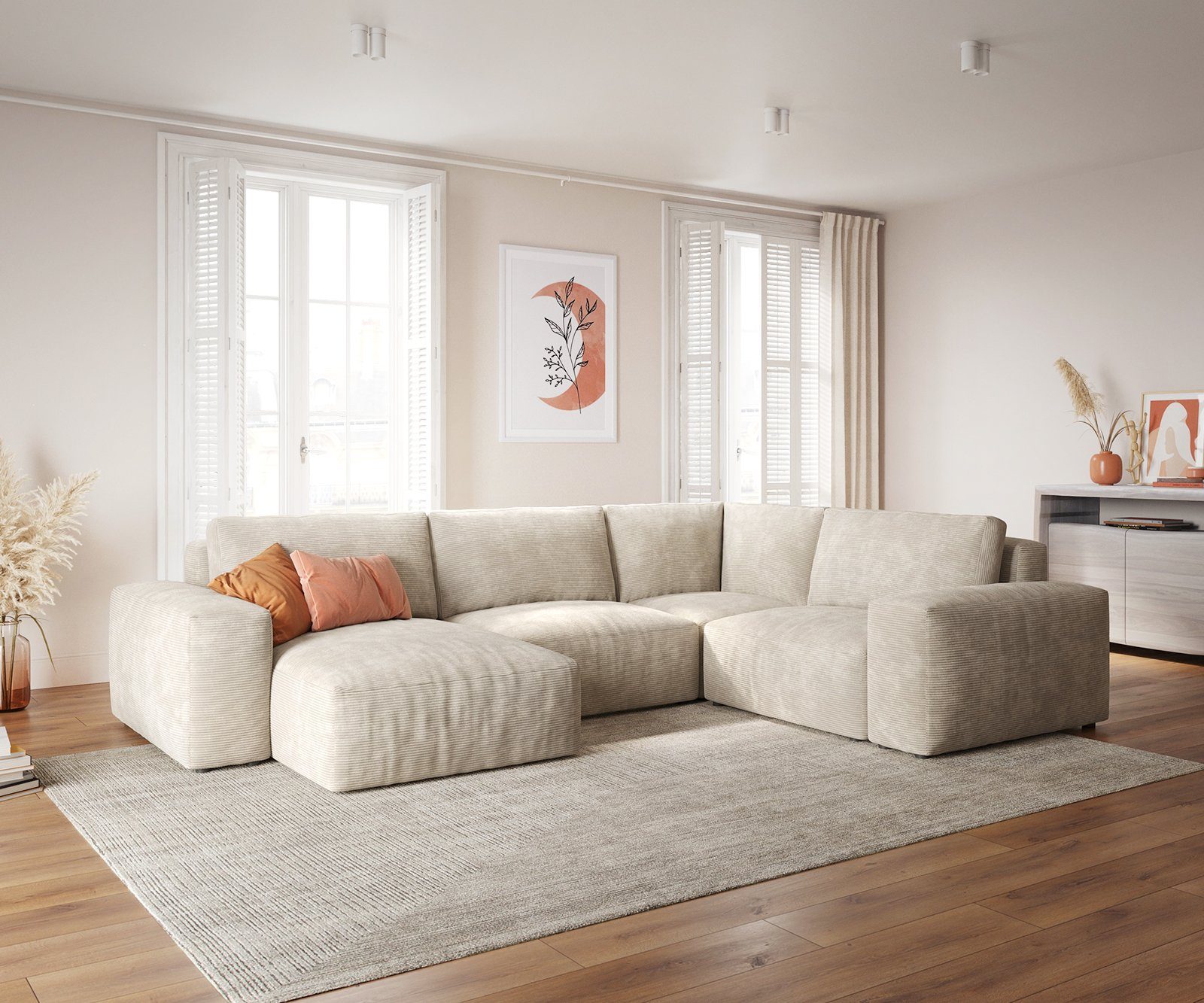 DELIFE Wohnlandschaft Lanzo, Cord Beige 300x210 cm Recamiere variabel
