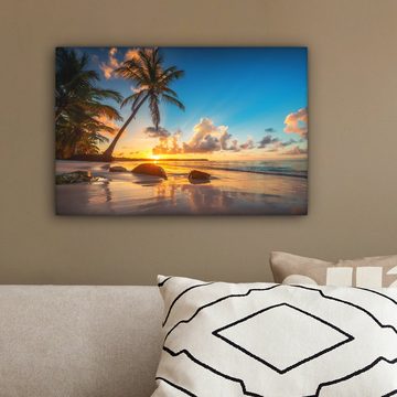 OneMillionCanvasses® Leinwandbild Strand - Meer - Palme - Sonnenuntergang, (1 St), Wandbild Leinwandbilder, Aufhängefertig, Wanddeko, 30x20 cm