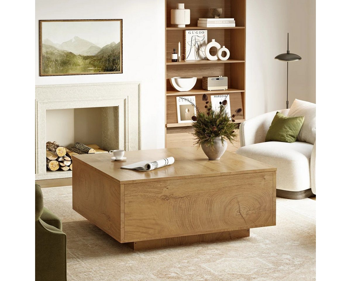 FABATO Couchtisch eckig, höhenverstellbar mit verstecktem Staufach, Landhaus-Design (1-St), mit einem sanften Hebe-Mechanismus, hellbraun