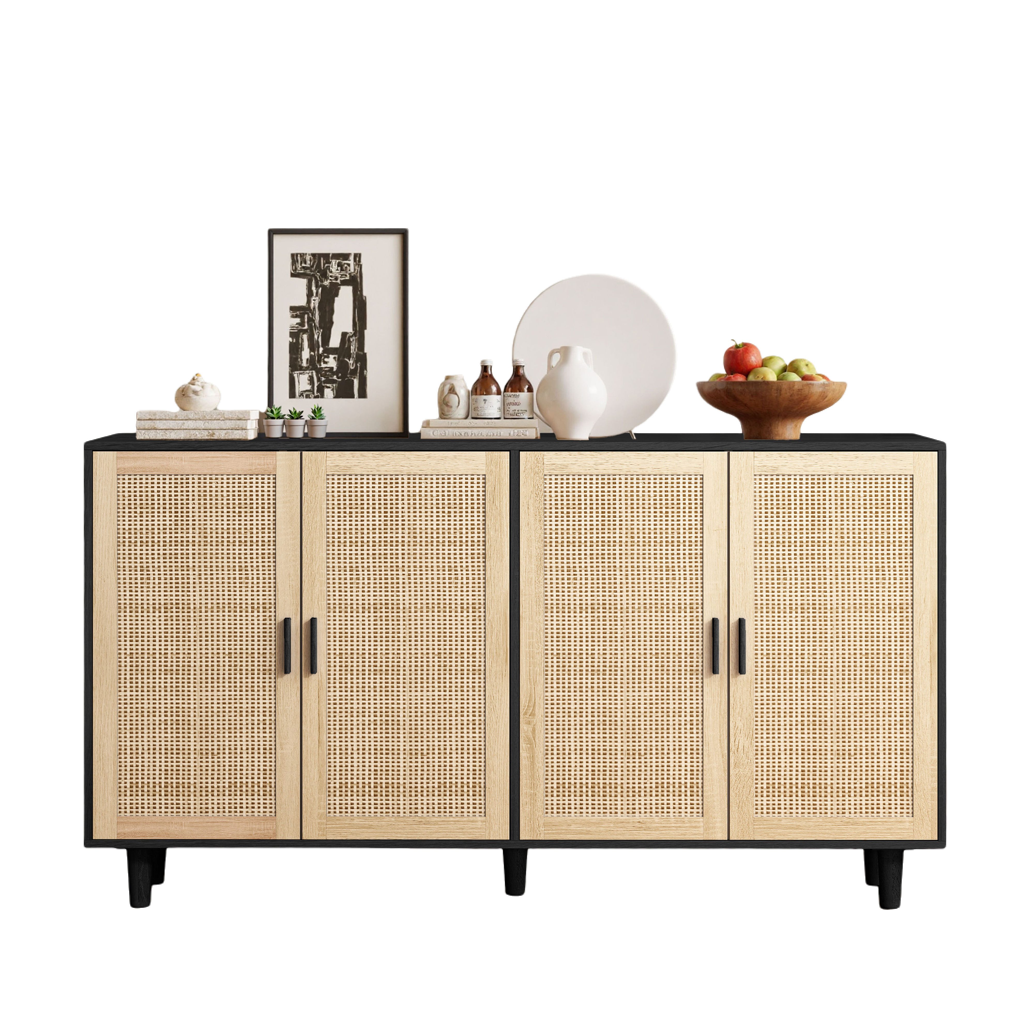 Celya Sideboard 158CM Sideboard Schlafzimmer, Rattanschrank, Aufbewahrungsschrank (Einfache Montage, Schwarz), Eleganter und funktioneller 4-türiger Rattan Schrank für Schlafzimmer