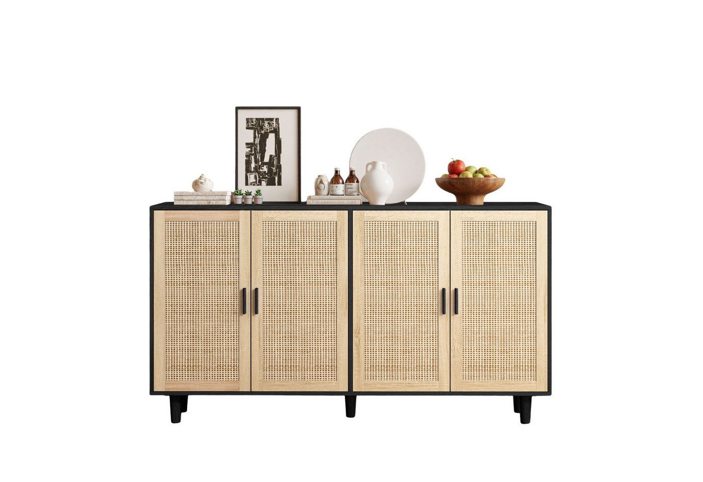 Celya Sideboard 158CM Sideboard Schlafzimmer, Rattanschrank, Aufbewahrungsschrank (Einfache Montage, Schwarz), Eleganter und funktioneller 4-türiger Rattan Schrank für Schlafzimmer