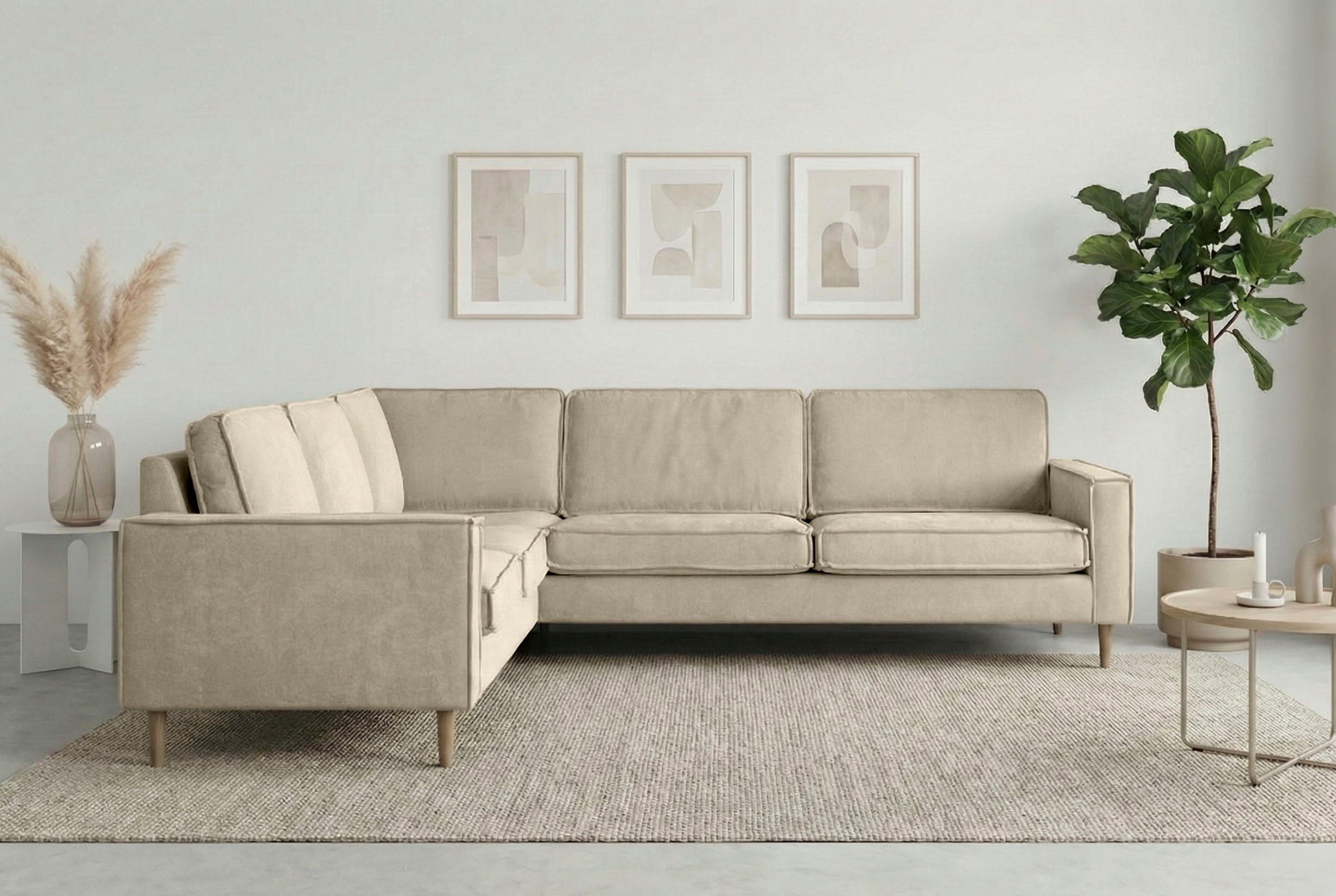 Home affaire Ecksofa Pinto Skandi, 290 cm, Chenille, Struktur, Ottomane links / rechts, mit Keder, Massivholzfüße Eiche geräuchert, Wellenunterfederung