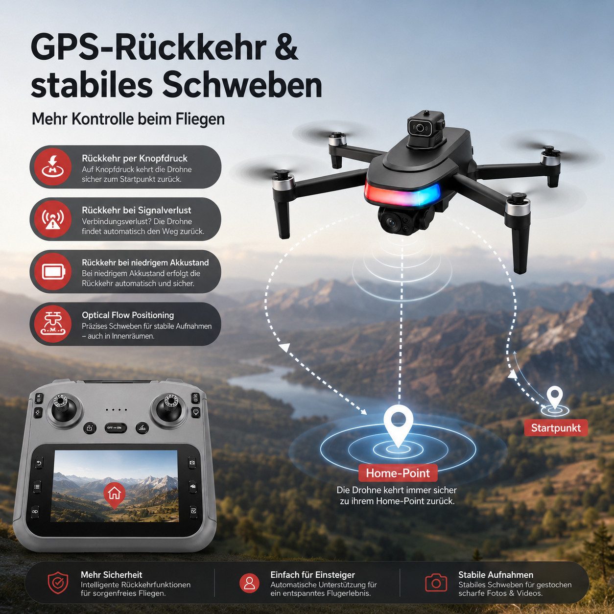 Goldstern-Tech RC-Quadrocopter (1080 Full HD Kamera, 4,5 Zoll Display-Fernsteuerung, 2km Reichweite & 40 min Flugzeit, GPS-Rückkehr), Waypoint-Flug, Hinderniserkennung, Follow-Me & 360° Flug