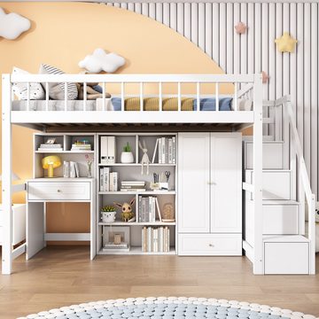 OKWISH Etagenbett Jugendbett Kinderbett (ohne Matratze, 90*200), Mit Schreibtisch, Treppe, Schließfächern, Kleiderschrank
