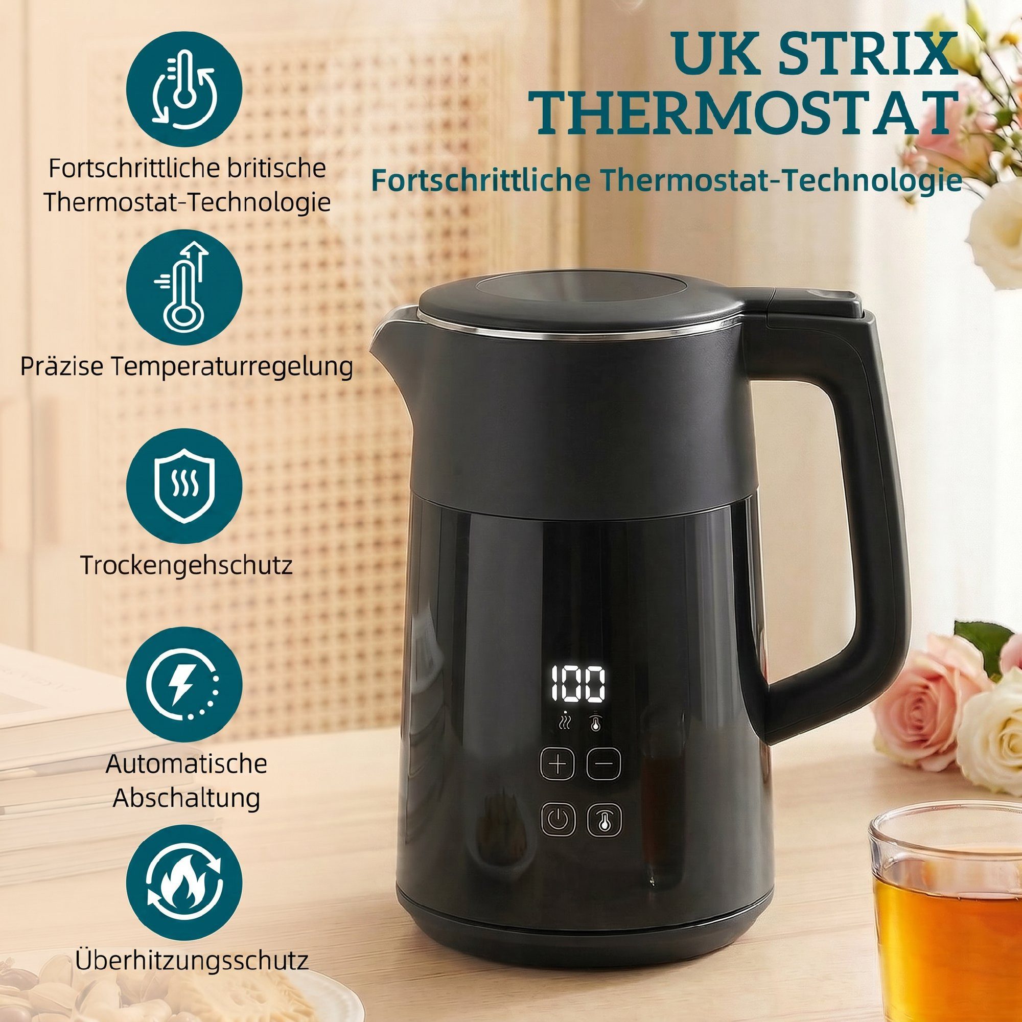 HOMCOM Wasserkocher Elektrischer Schnellkochend, 2200W, mit LED-Display, Schwarz, 1.7 l, 3000 W, PTFE-freier Edelstahl, elektronische Temperatureinstellung – Bild 5 von 5