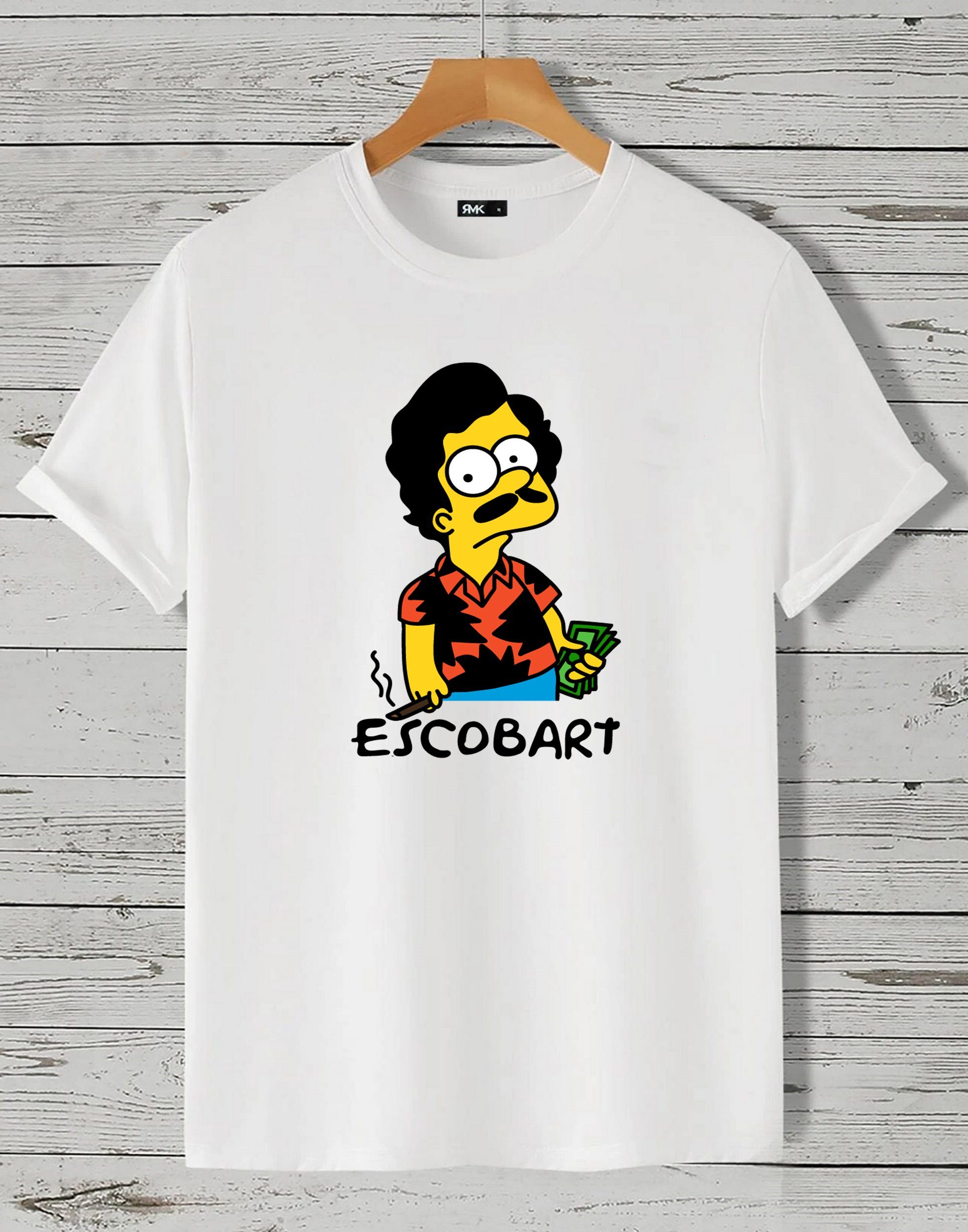 in Unifarbe, Print Escobar Gangster lizenzierstem Bart mit Baumwolle, aus Weiß Rundhals RMK T-Shirt Mafia Basic Freizeit Shirt