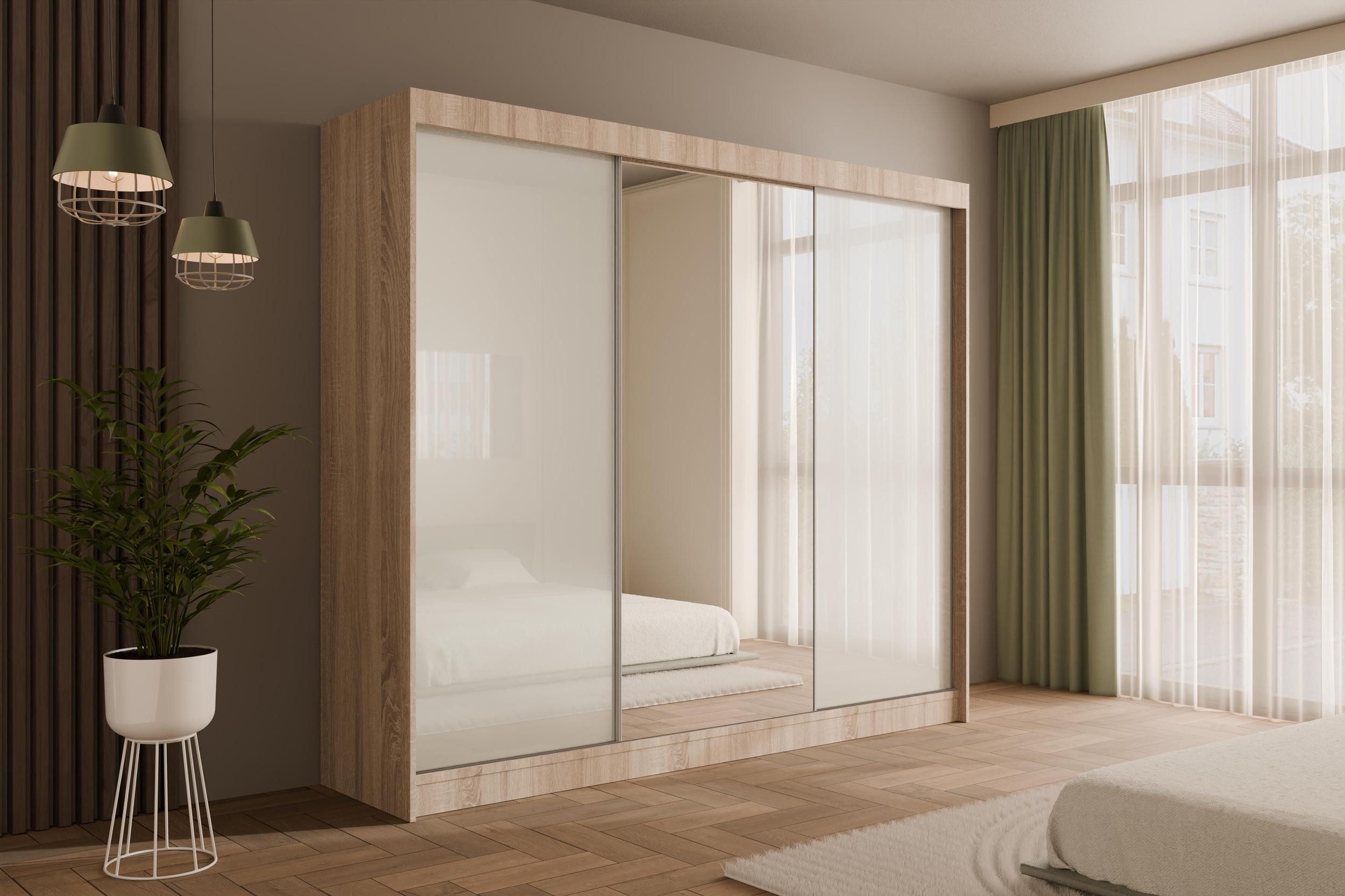ALTDECOR Schiebetürenschrank VESLI (Kleiderschrank Garderobenschrank mit viel Stauraum Moderner Schrank) Spiegel Spiegeltüren Vielseitiger Schwebetürenschrank LED Beleuchtung
