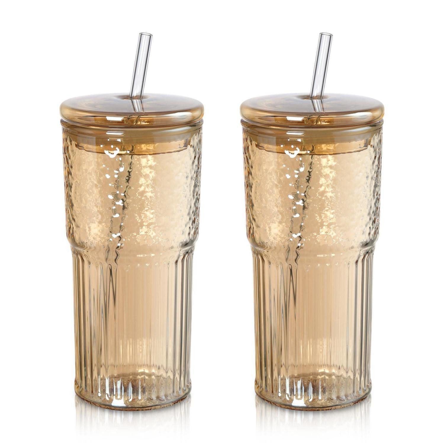 LuxusKollektion Latte-Macchiato-Glas Trinkglas Bernstein 650ml 2er Set Gerippt, Glas