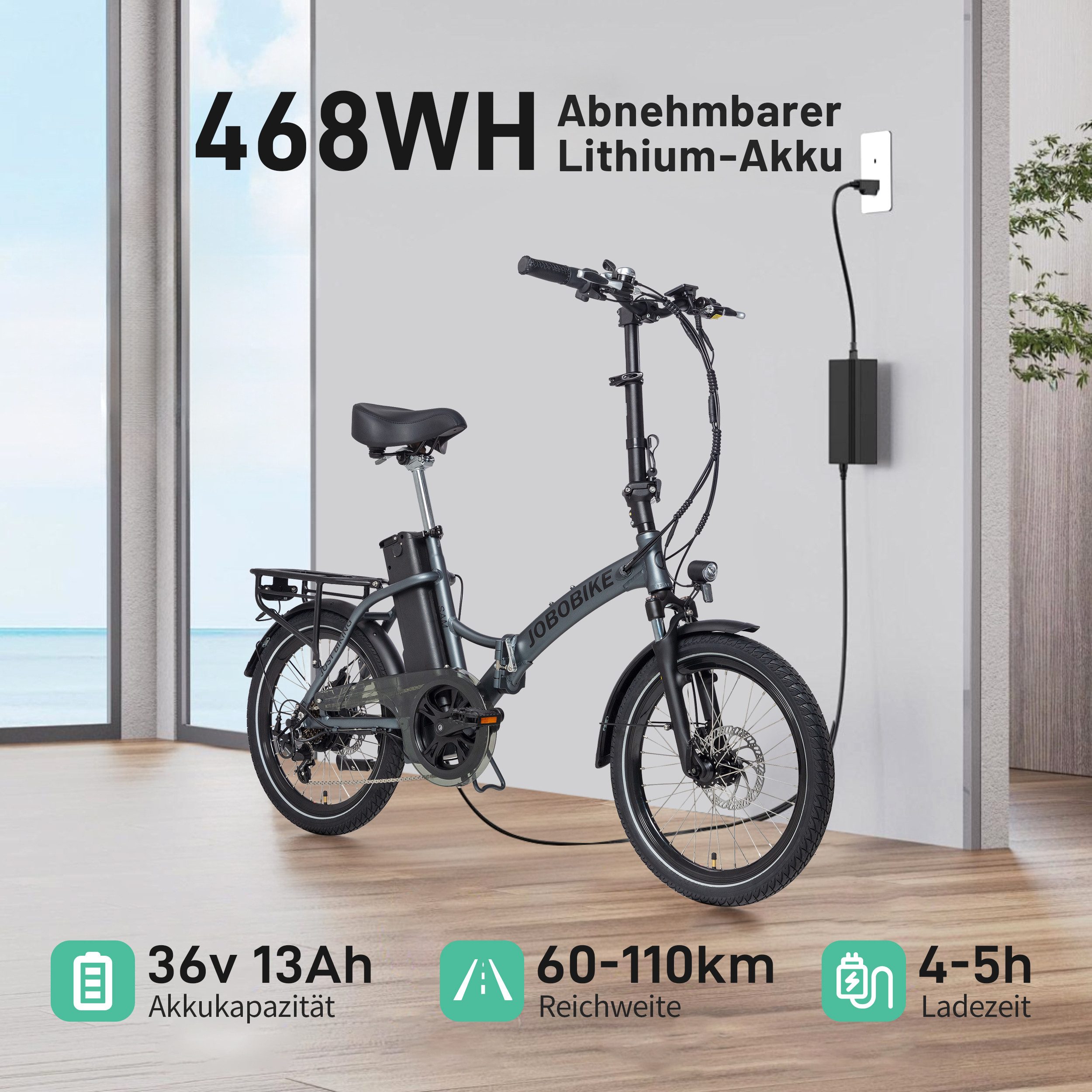 JOBOBIKE E-Bike Klapprad 20 Zoll Faltrad, Cityrad, Pedelec, 60-110km, für Damen und Herren, 7 Gang Shimano, Kettenschaltung, Heckmotor, 468 Wh, (mit Sattelrohr-Akku, 5 Stufen, mit Tiefeinsteiger-Rahmen), Faltrahmen, Federgabel,nur ca. 23kg, Elektrofahrrad mit Gepäckträger