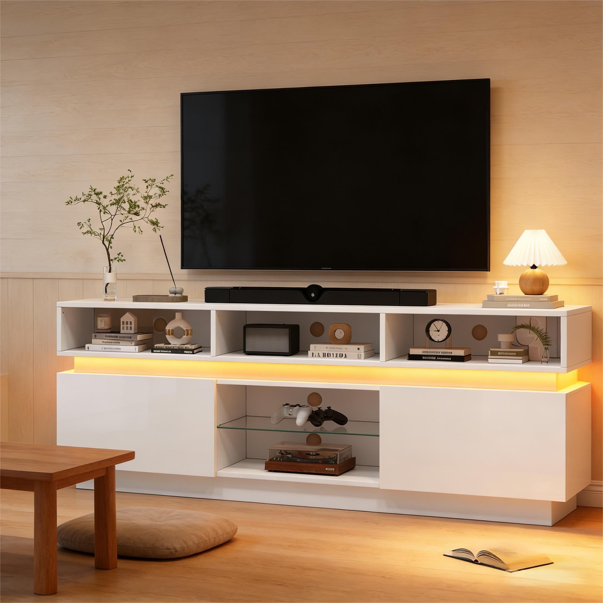 Odikalo Lowboard TV-Schrank Sideboard mit LED & Stauraum (160*35*60 cm, mit Ablage aus gehärtetem Glas.lowboards mit Hochglanz, LED-Wohnzimmerschrank,MDF, geeignet für 60-Zoll-Fernseher)