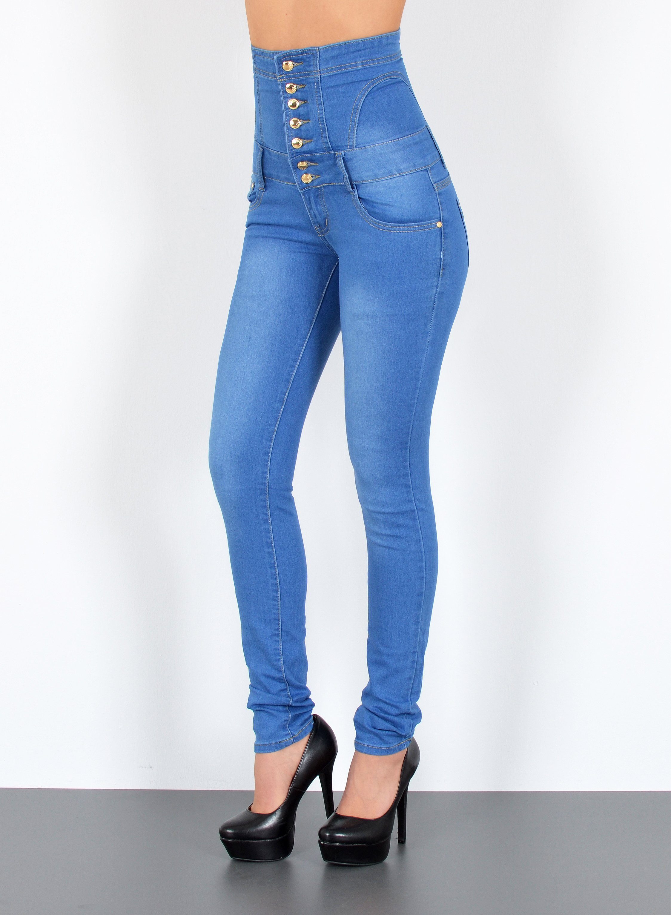 ESRA Skinny-fit-Jeans J11 Damen Skinny Jeans, Damen High Waist Jeans, Damen Jeans Hose mit 7 Knöpfen, High Waist Skinny Jeans 7-Knopf, Enge Röhrenjeans mit hohem Bund und Push Up, Damen Stretch Jeans hohe Leibhöhe, Skinny Jeans Damen High Waist, bis Übergröße Plussize Große Größe