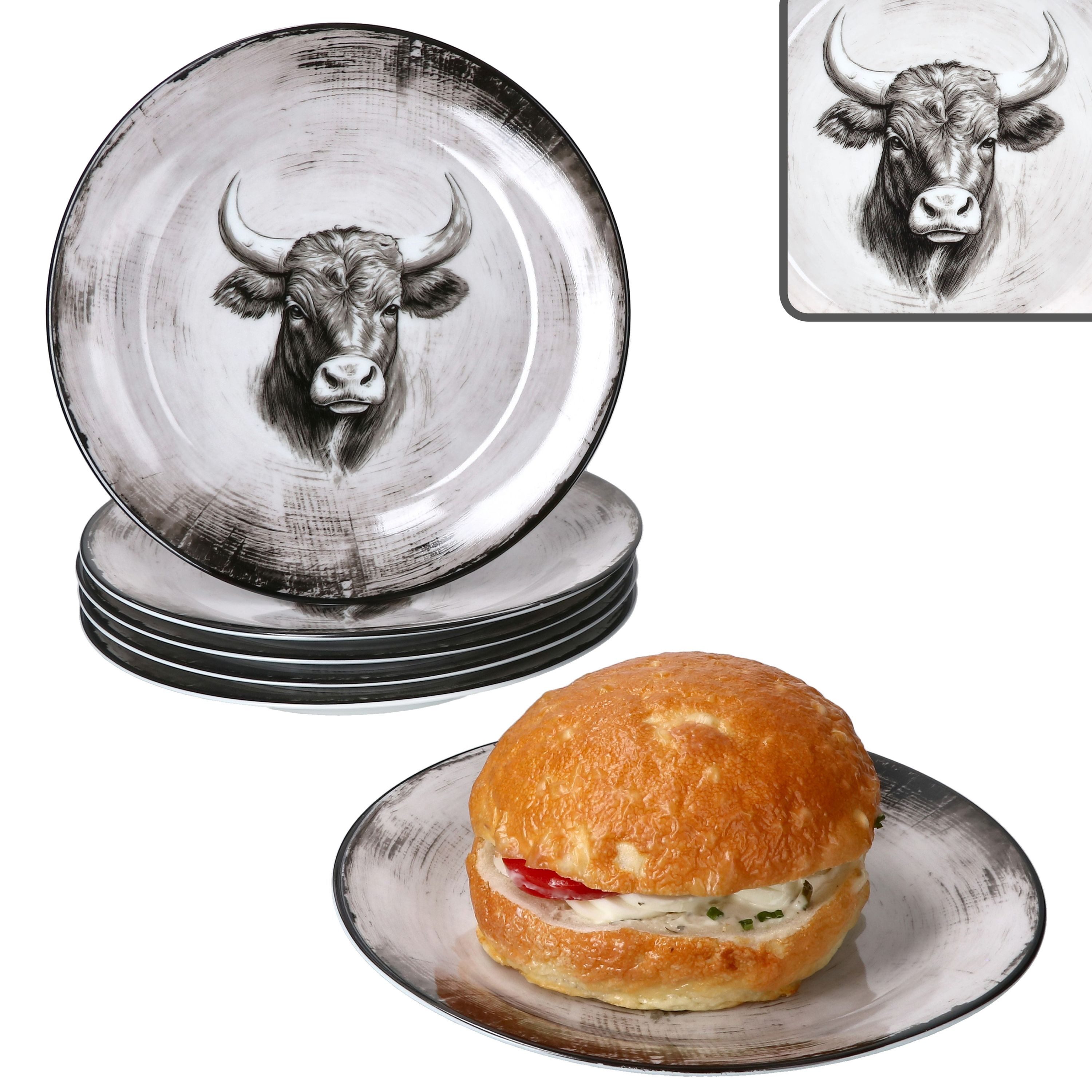 MamboCat Frühstücksteller Toro 6x Kuchenteller Porzellan 6 Pers Dessert-Teller Alm Kuh Landhaus