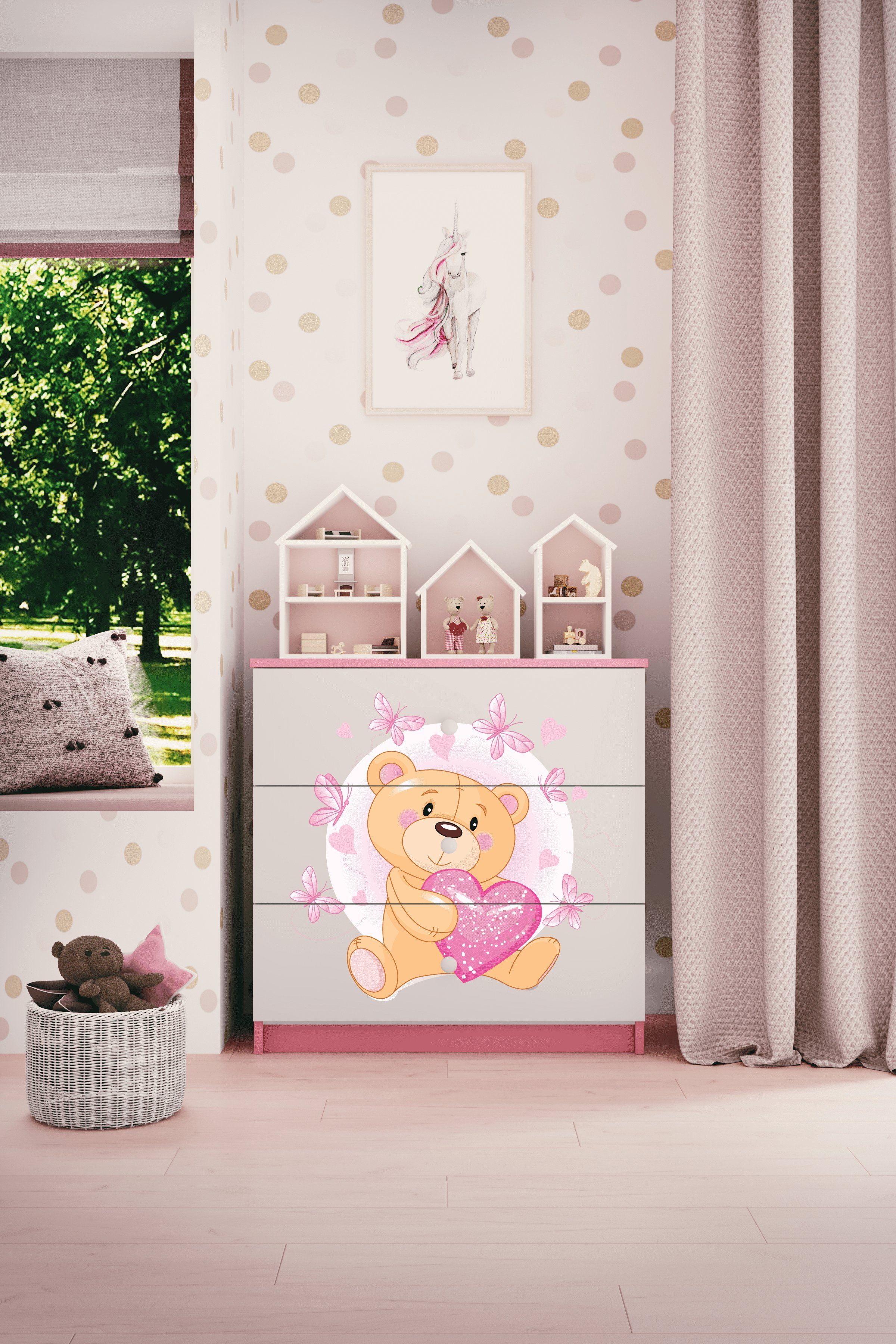 Bjird Kommode Babydream (mit 3 Schubladen), Breite 80 cm, verschiedene Farben und Motive Rosa