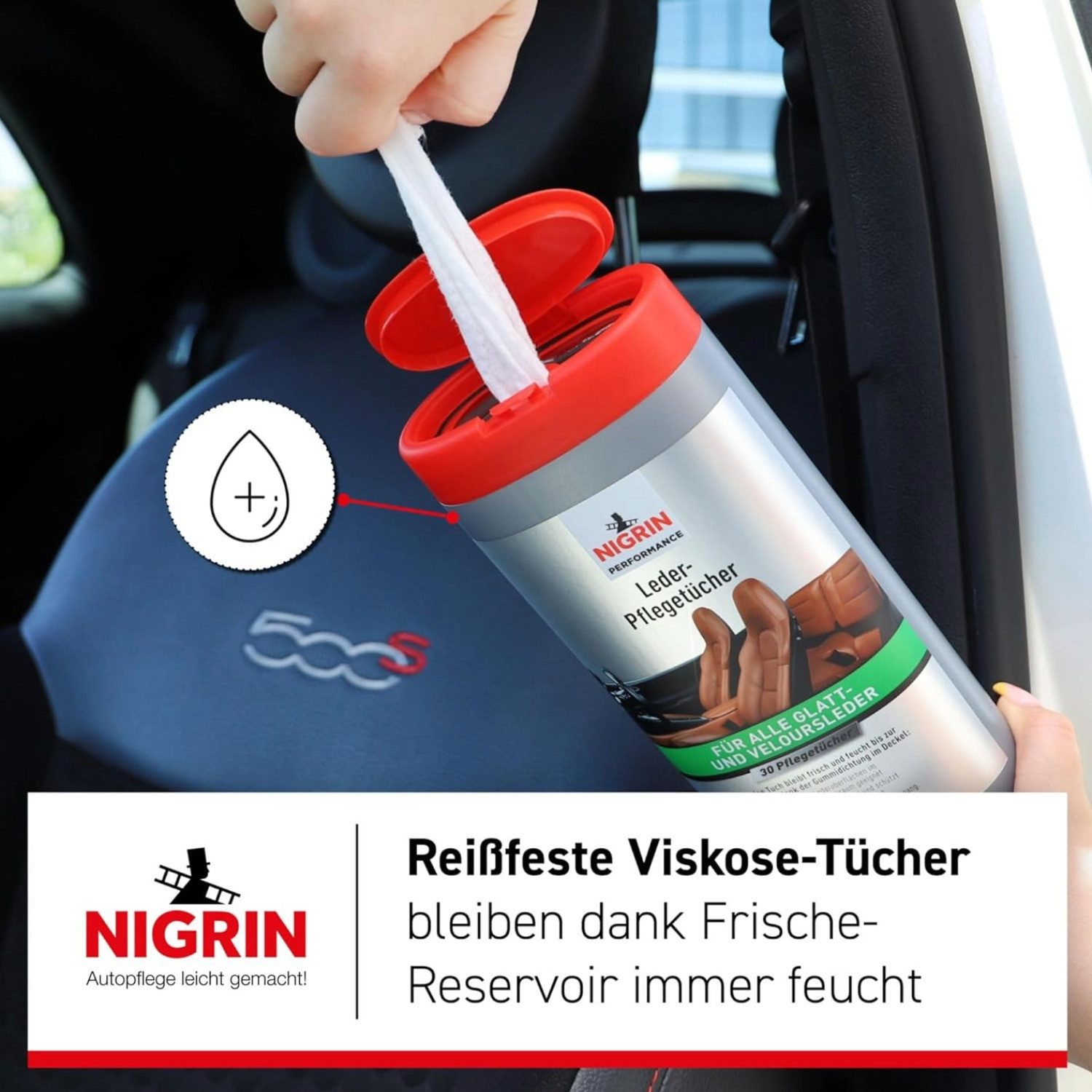 NIGRIN 6x Lederpflegetücher Spenderbox Leder-Reiniger 30x Lederpflege (6x 30er Dose mit Tüchern, 6 St), Pflege-Tuch Reinigung Lederpflege Tücher Spenderbox Farbauffrischend