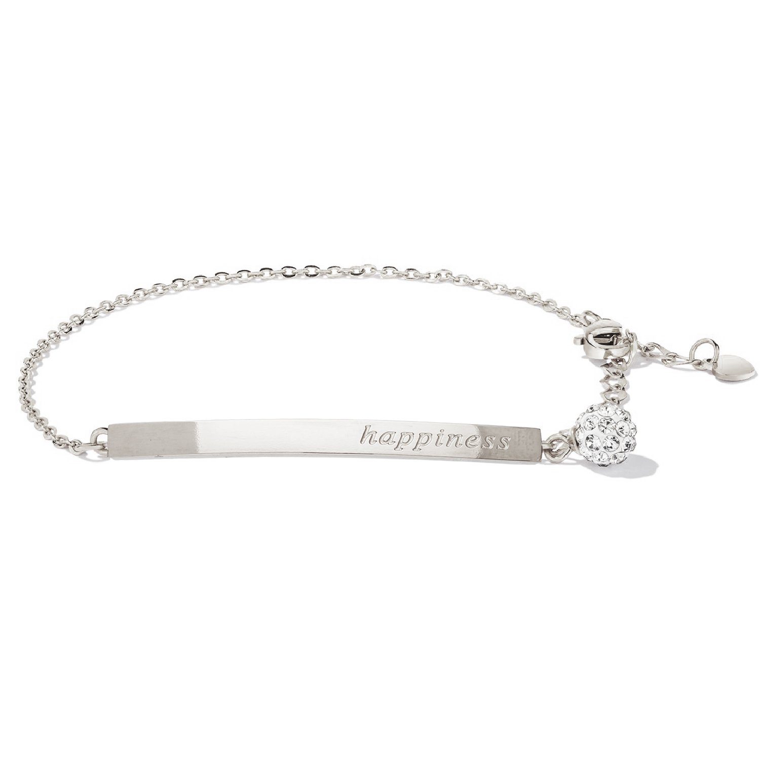 LÖB Armband Armband Titan in Silber mit Happiness Gravur Zirkonia Stein Shamballa (Geschenke für Frauen Beste Freundin Mutter Mama Damen zum Geburtstag Ostern Muttertag Muttertagsgeschenk, Inkl. Schmuckbox), Damen Armkette Verstellbar Glitzer Kugel Freundschaft Schrift Platte