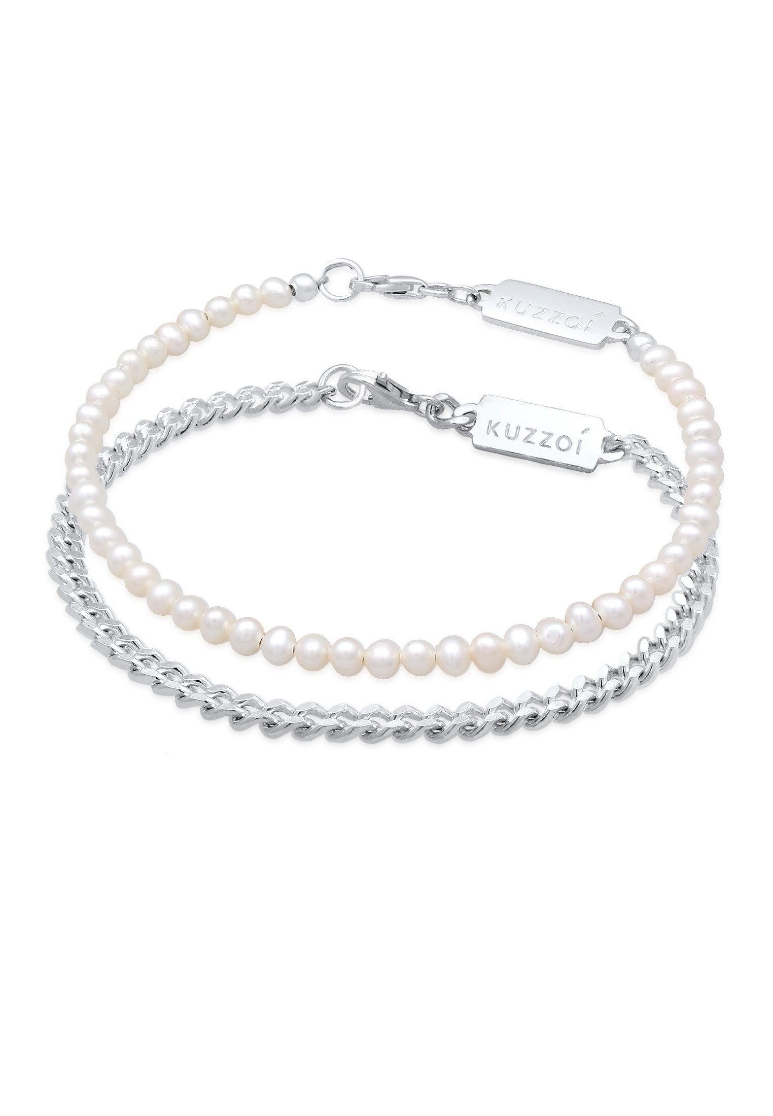 Kuzzoi Silberarmband Set Panzerkette Süßwasserzuchtperlen Weiß 925 Sterling Silber