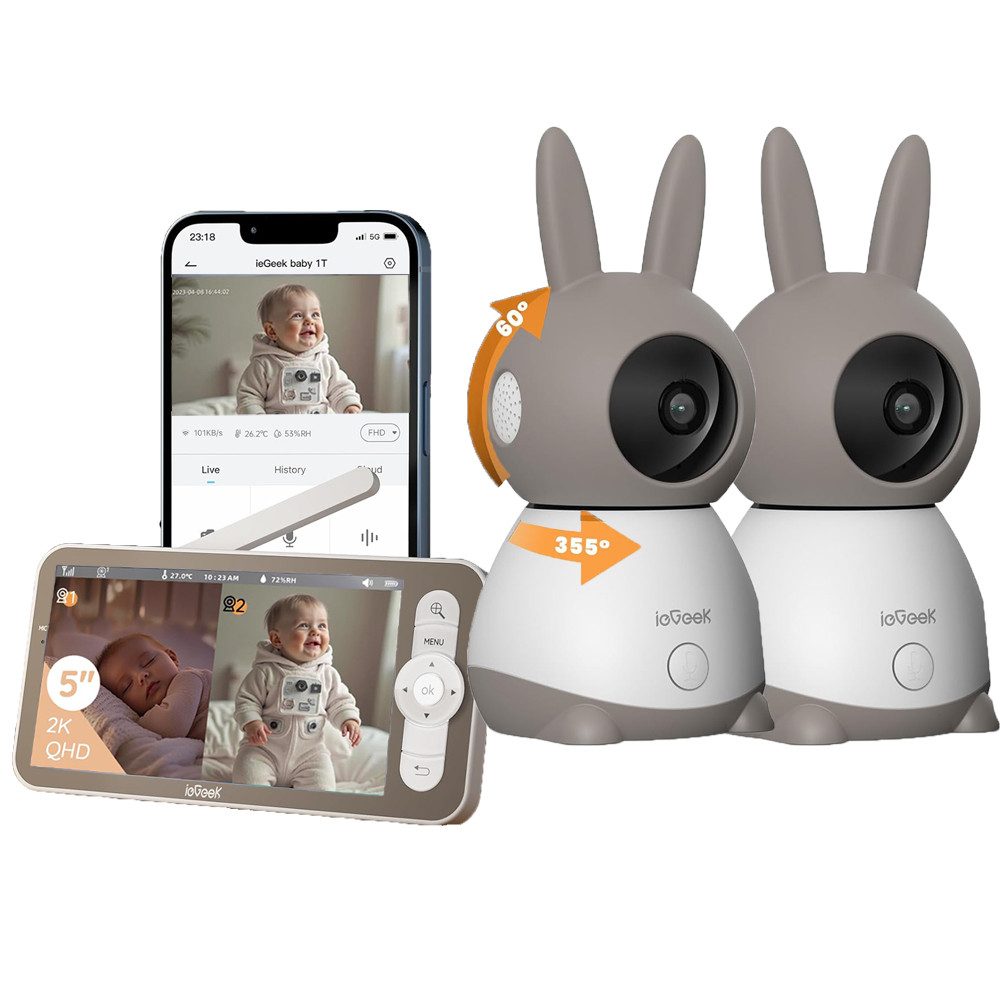 TWUFY Babyphone Split-Screen Babyphone mit 2 Kameras 5" HD Video Babyphone PTZ, Babyphone mit 2 Kameras und Audio, Weinen/Bewegungs/Geräuscherkennung, Bewegungsverfolgung, IR Nachtsicht, 360° Kamera,Temp&Feuchteerfassung