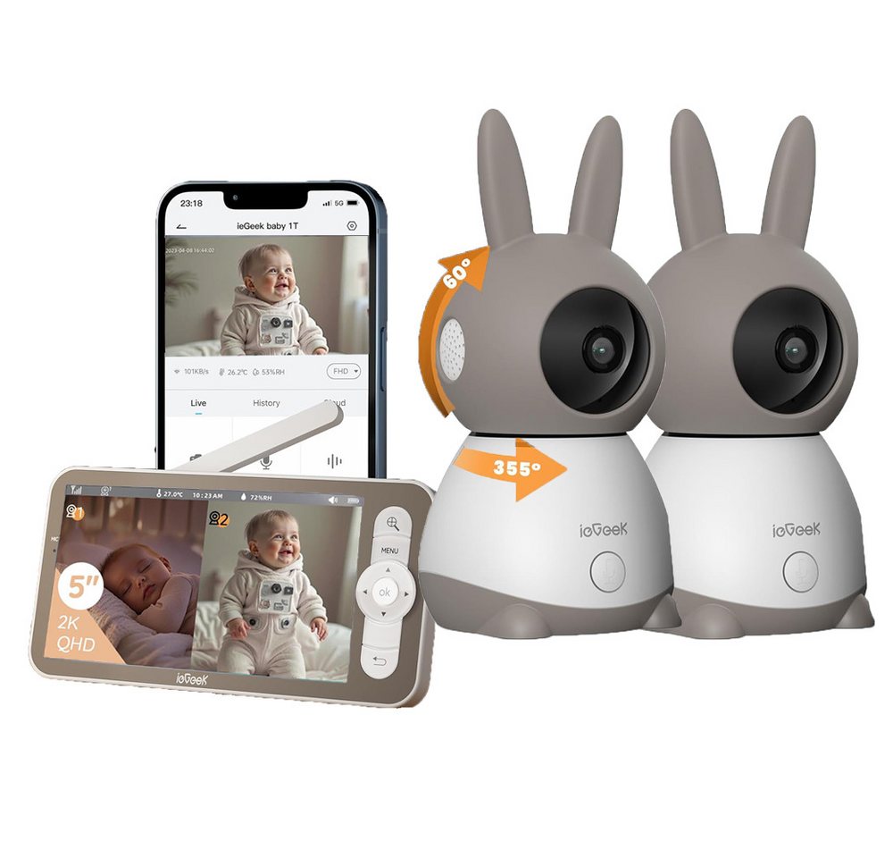 TWUFY Babyphone Split-Screen Babyphone mit 2 Kameras 5" HD Video Babyphone PTZ, Babyphone mit 2 Kameras und Audio, Weinen/Bewegungs/Geräuscherkennung, Bewegungsverfolgung, IR Nachtsicht, 360° Kamera,Temp&Feuchteerfassung