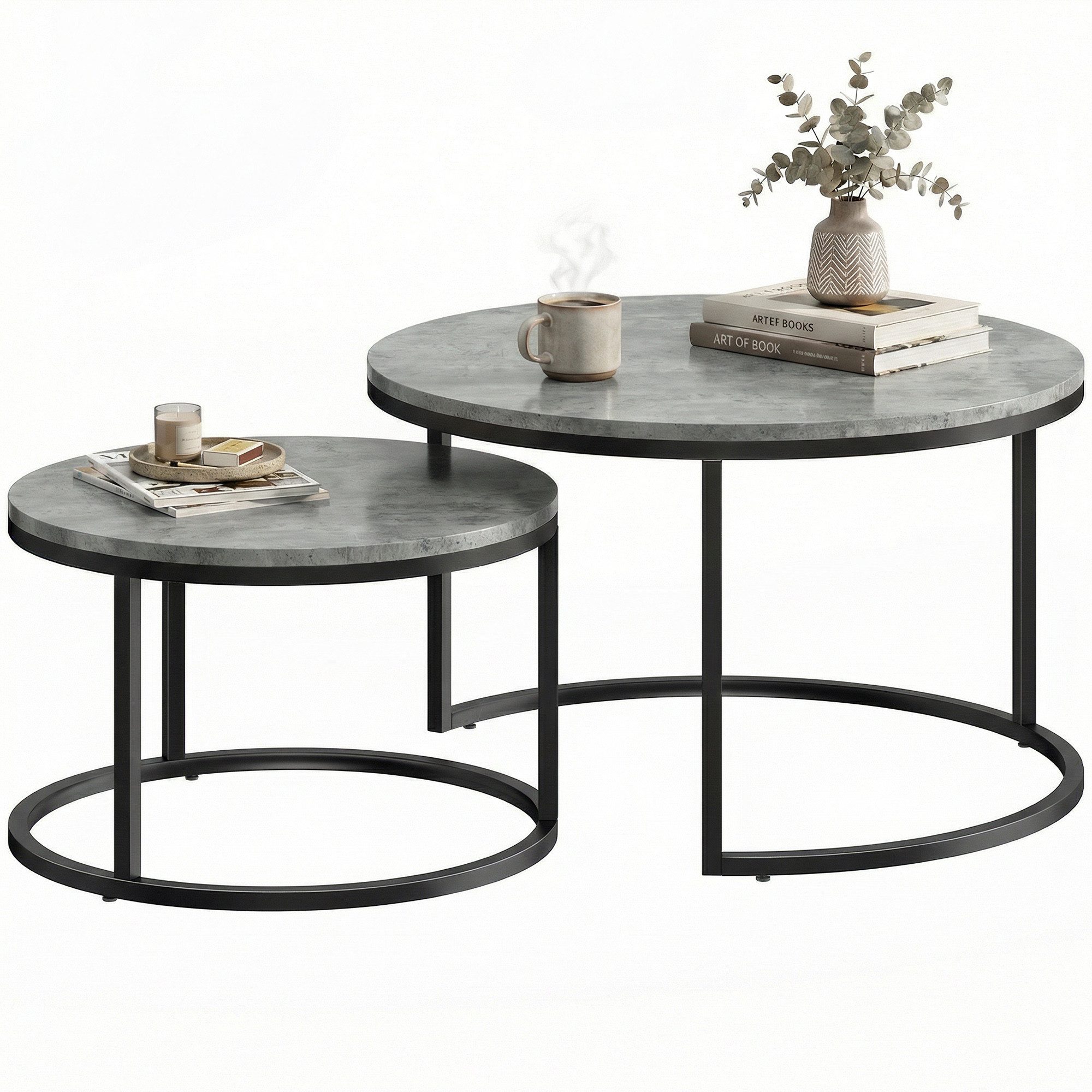 HOMCOM Couchtisch Runder Kaffeetisch (Satztisch, 2-St., Wohnzimmertisch), 78,5 x 78,5 x 46,5 cm, Grau