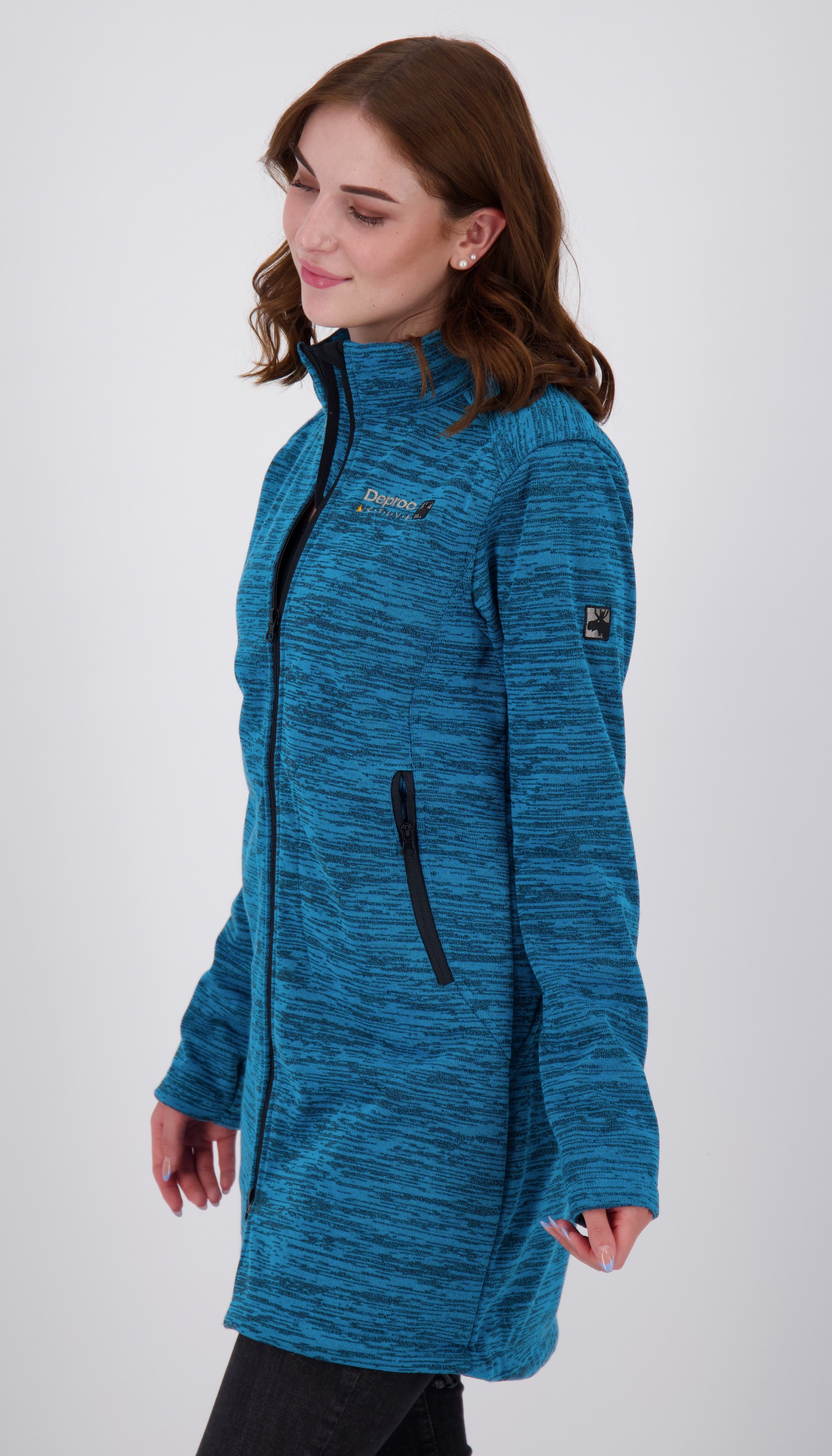 DEPROC LONG edler turquoise Active Stehkragen, ELMSDALE NEW Melangeoptik WOMEN CS Strickfleecejacke mit in