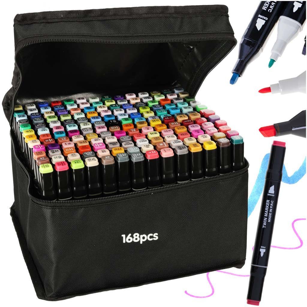 MAALEO Filzstift Doppelseitiges Alkoholstift-Set 168-teilig mit Tasche, (Komplette Markerset mit Aufbewahrungstasche für Künstler, 168-tlg., 168 doppelseitige Marker inkl. Tasche für Kreativität), Beidseitige Marker mit langlebiger, ausbleichresistenter Alkoholtinte.