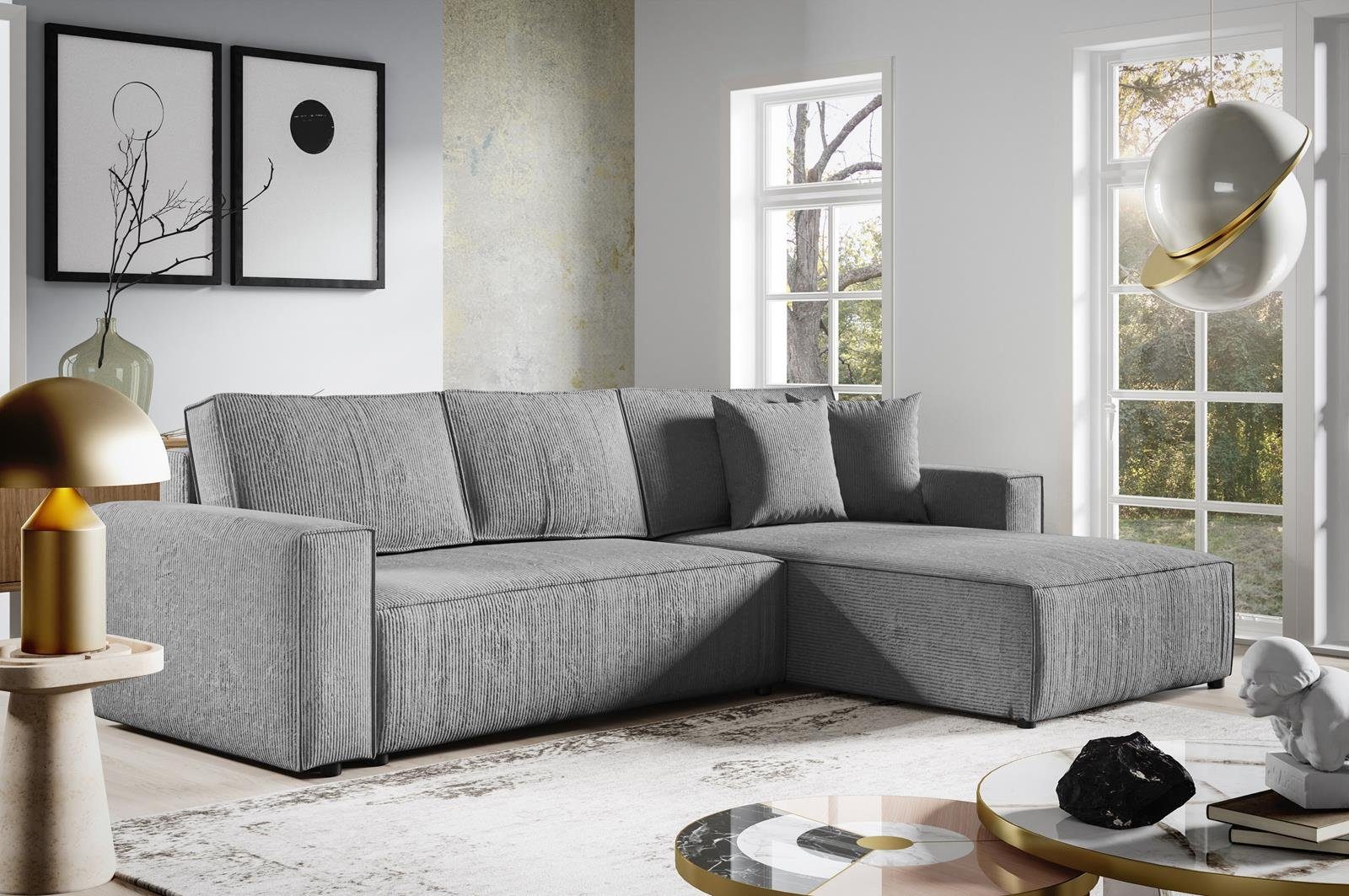 Ecksofa Schlafsofa mit BOSTON, Grau Funktionen cm 290 L-Form Compleo Corner Ecksofa