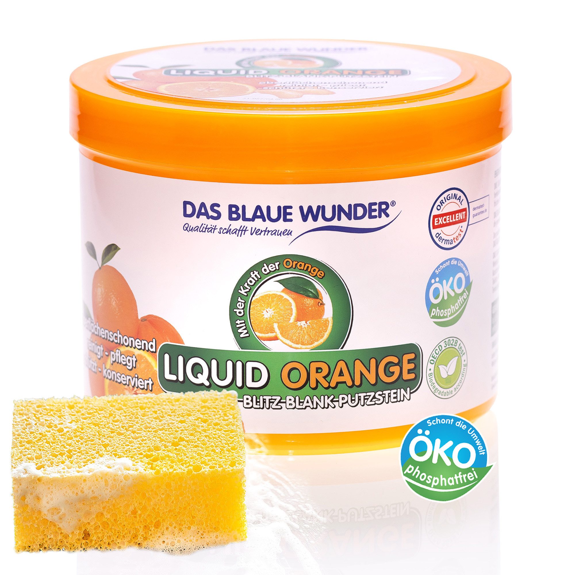 Das Blaue Wunder® Liquid Orange Blitz Blank Putzstein (500 g inkl. Schwamm, [- Reinigungsstein für Haushalt, Garten und Auto, säure- und phosphatfrei)