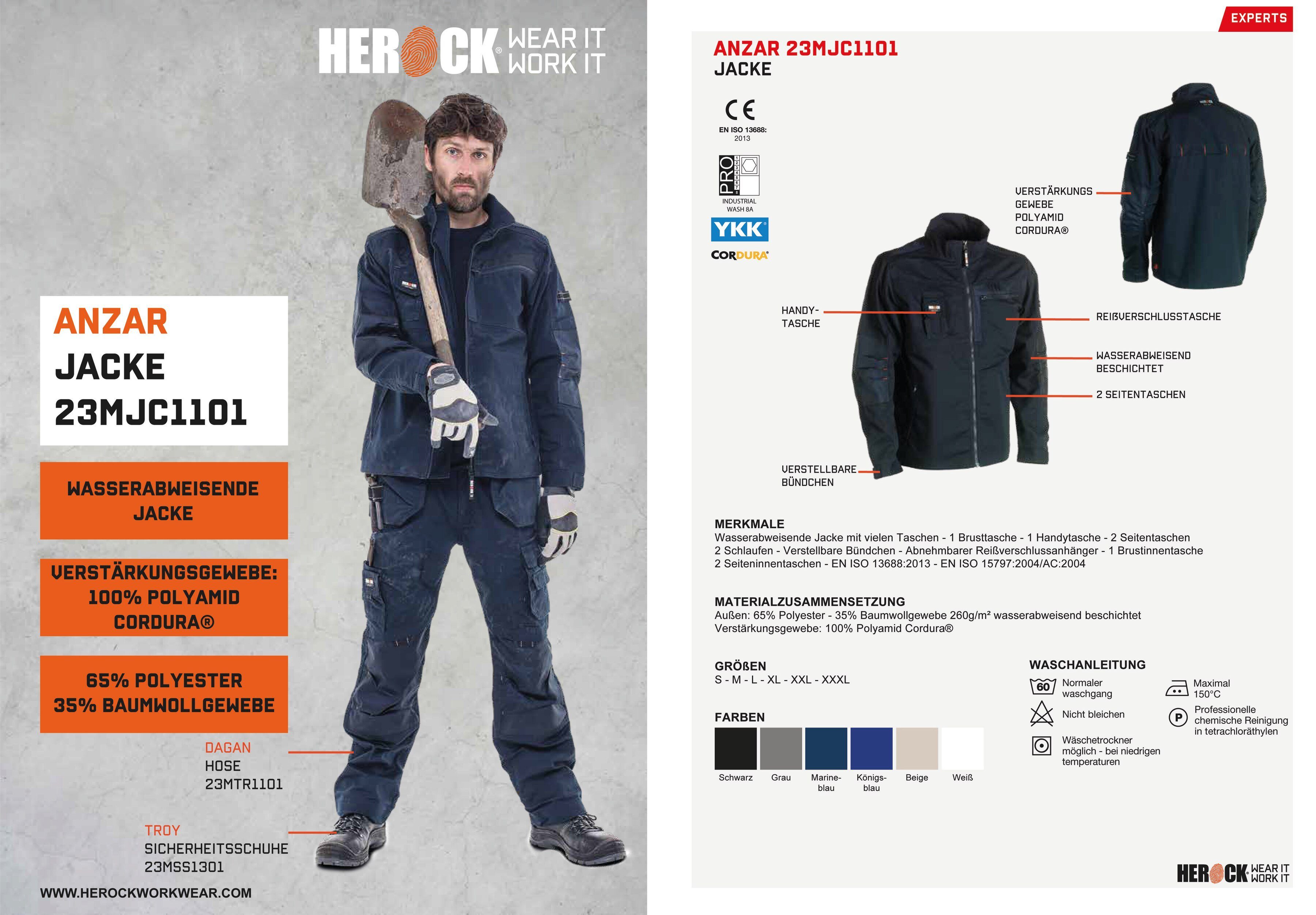 Herock Arbeitsjacke Anzar Jacke 7 - - verstellbare Wasserabweisend - Bündchen robust Taschen marine