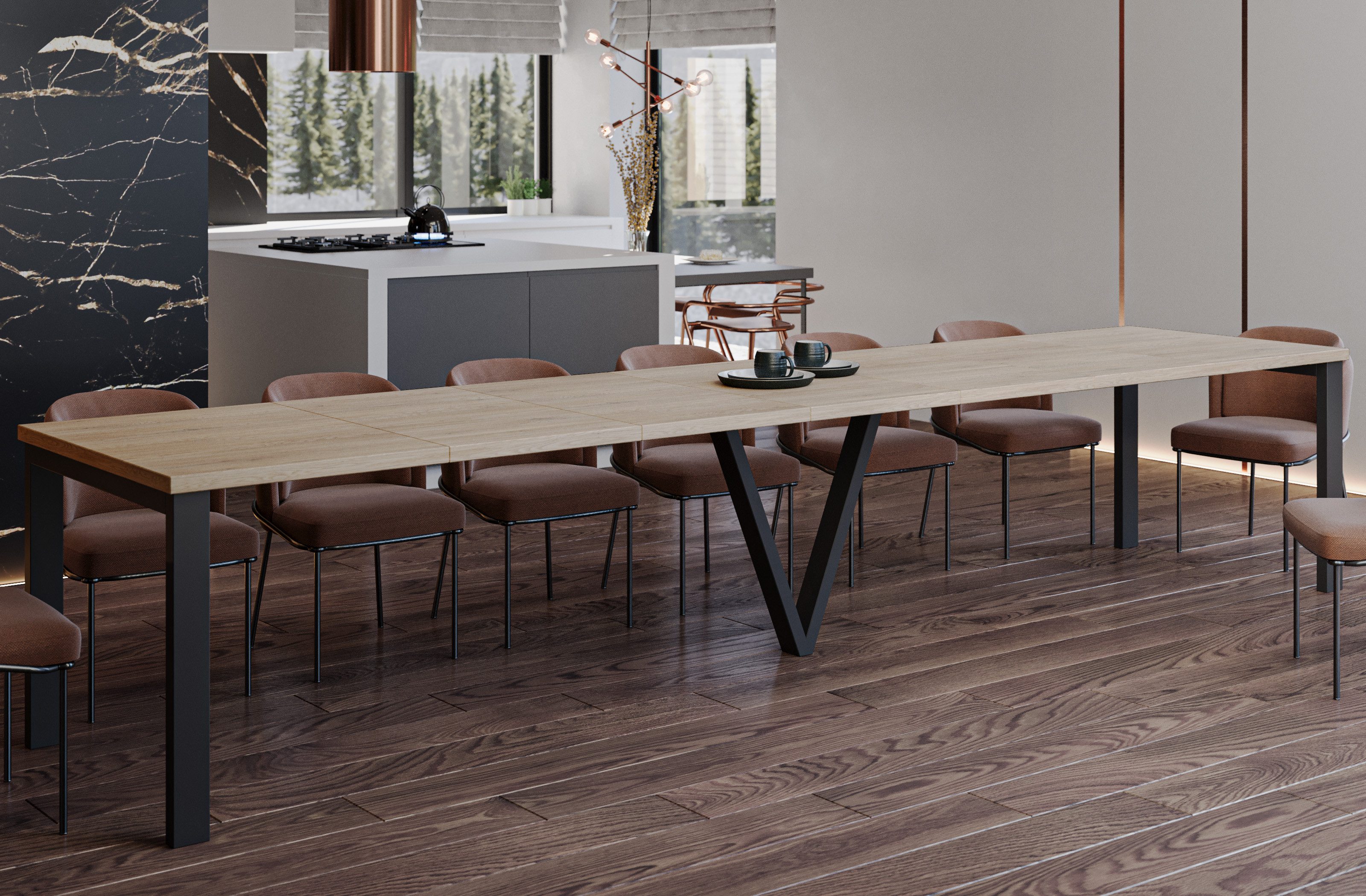 Endo-Moebel Esstisch Titan XXL 130-405 cm, Metallgestell, ausziehbar, 400cm Esstisch XXL 14 Personen riesiger Tisch 4m