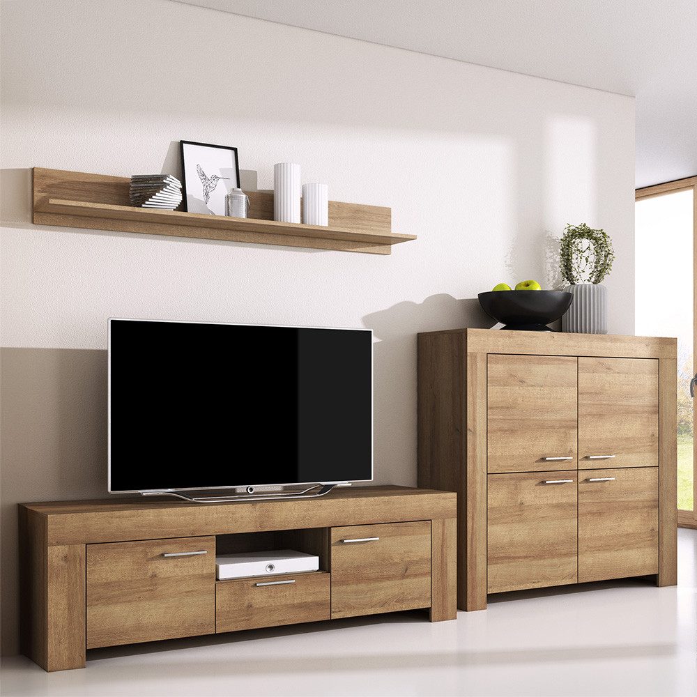 Lomadox Wohnwand STEGNA-160, (3-St., Lowboard Wandboard Highboard), Eiche Nb., viel Stauraum, mit Softclose Türen