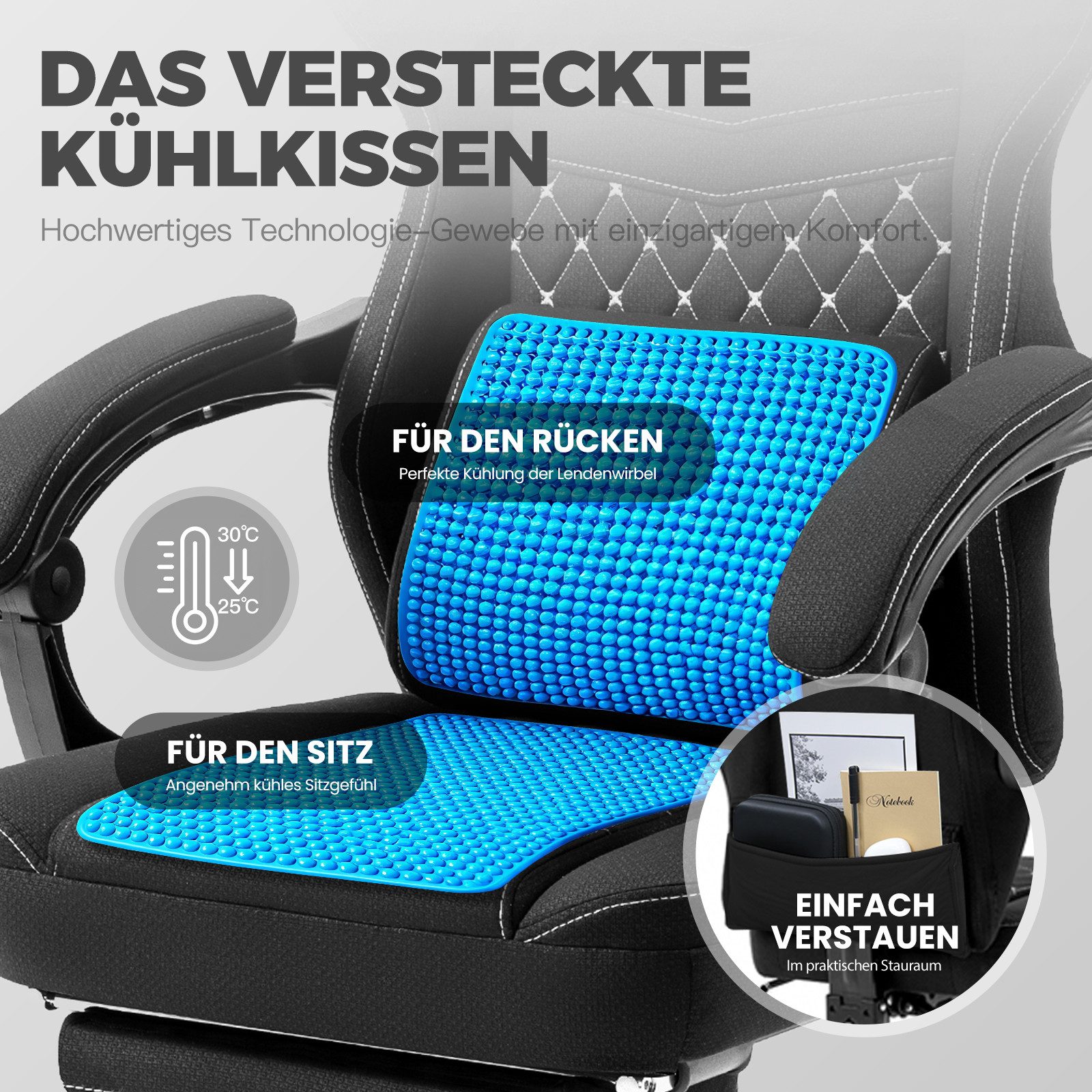 Dowinx Gaming-Stuhl Stoff mit Taschenfederkissen, Gaming Sessel mit Fußstütze, Ergonomischer Bürostuhl – Bild 4 von 5