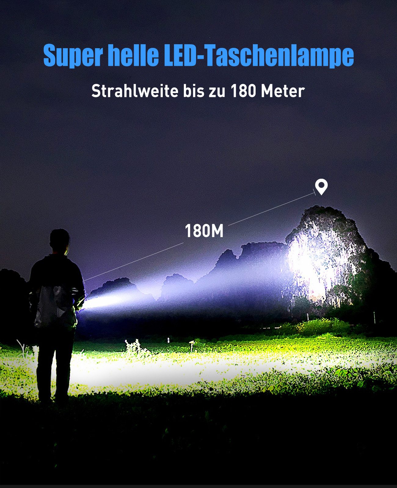 Quntis LED Taschenlampe mit starkem licht, campinglampe, taschenlampe mit akku, Camping Licht (1-St), Zoombare taschenlampe, 5 Lichtmodi für Wandern, Outdoor Campingzubehör