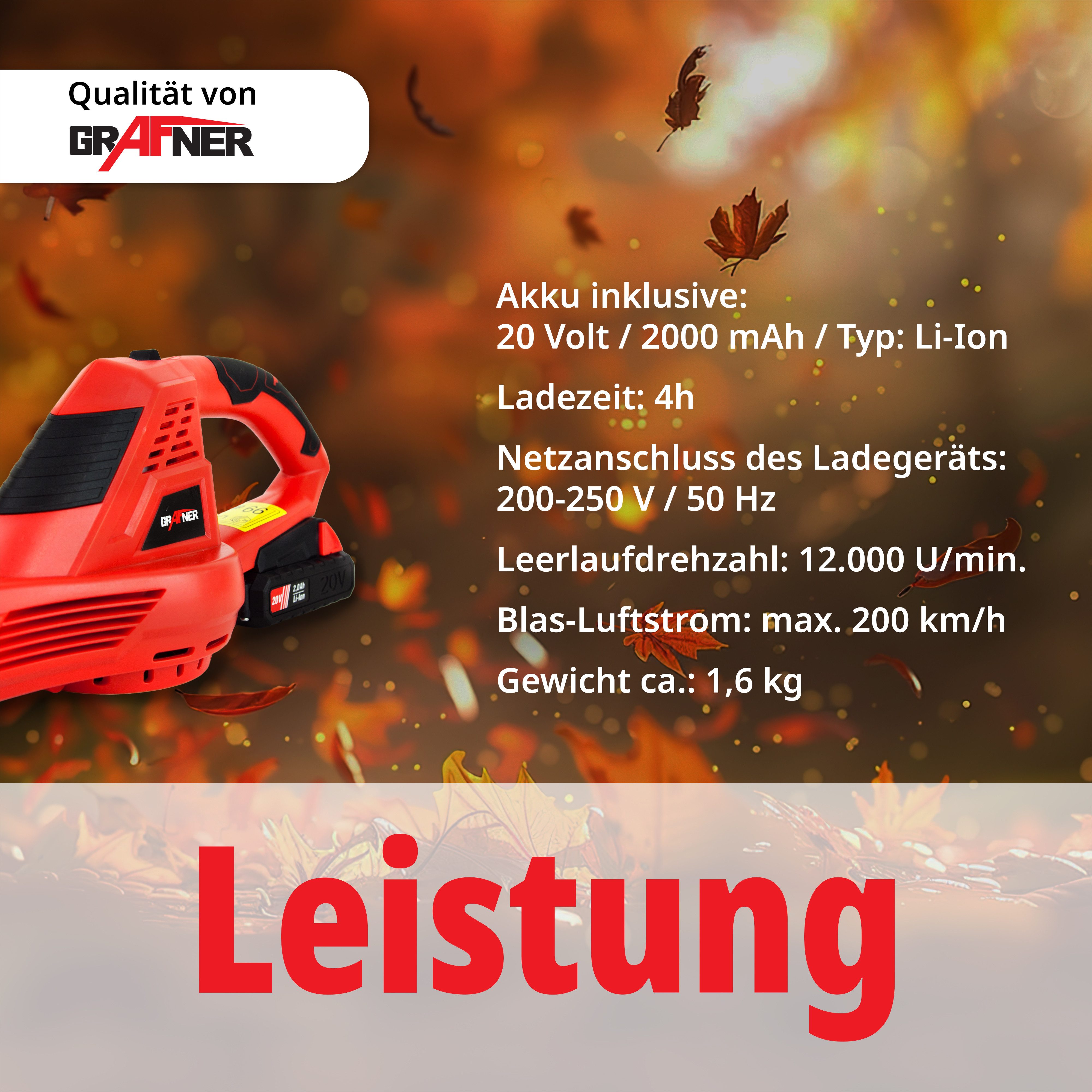 Grafner Akku-Laubbläser Laubbläser mit Akku Laubgebläse 20V mit Ladegerät Bläser, Akku, Blas-Luftstrom max. 200 km/h