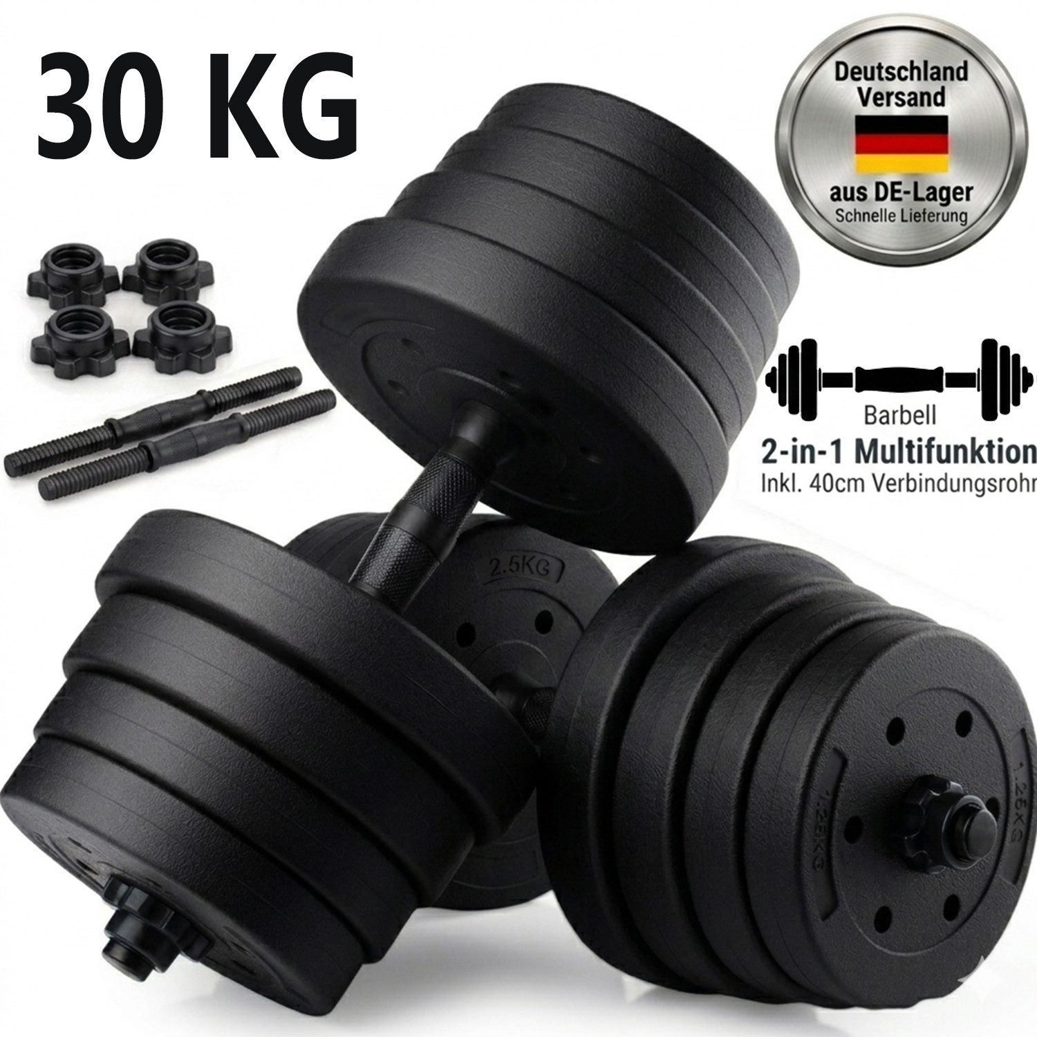 kehot Hantel-Set 30kg Hantelset aus PVC mit Zementfüllung - Kurz- & Langhantel, (2-in-1 Kurzhantel & Langhantel mit Verbindung für Langhantel, Ideal für Intensives Arm-, Brust- & Ganzkörpertraining Daheim), Robustes PVC, Sicherer Halt durch Muttern, Platz